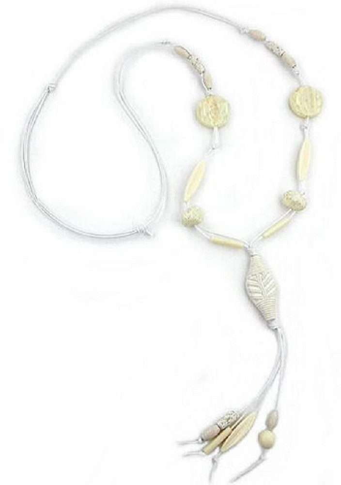 Collier Kette Blatt Kunststoffperlen elfenbeinfarben Kordel weiß 100 cm