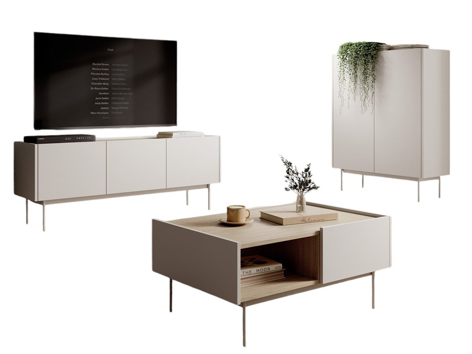 Compleo Wohnzimmer-Set (TV-Lowboard, Kommode, Couchtisch) Möbelfarbe Kaschmir oder Rot