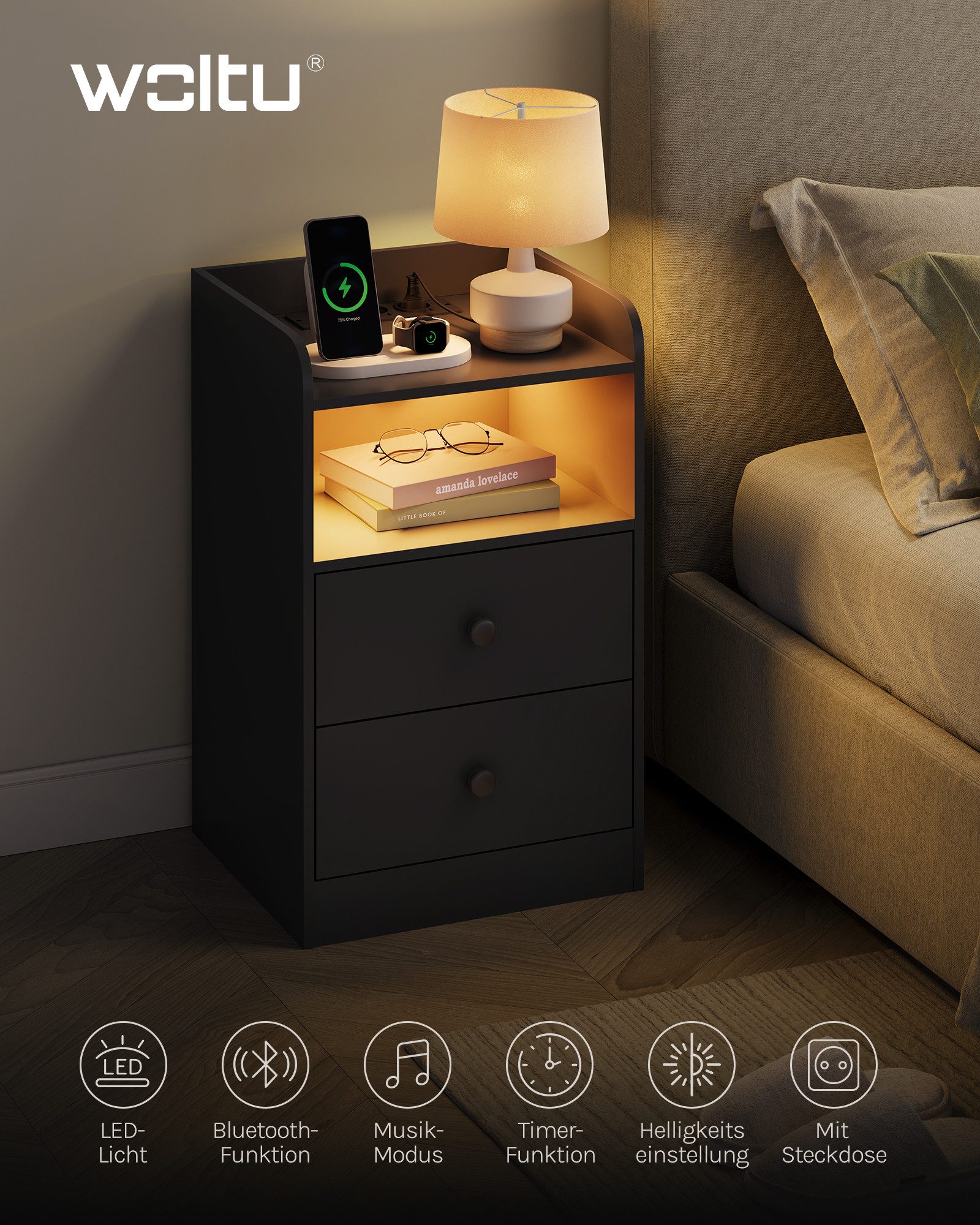 Woltu Nachttisch (2-St), Nachtschrank mit LED-Licht und Ladefunktion günstig online kaufen