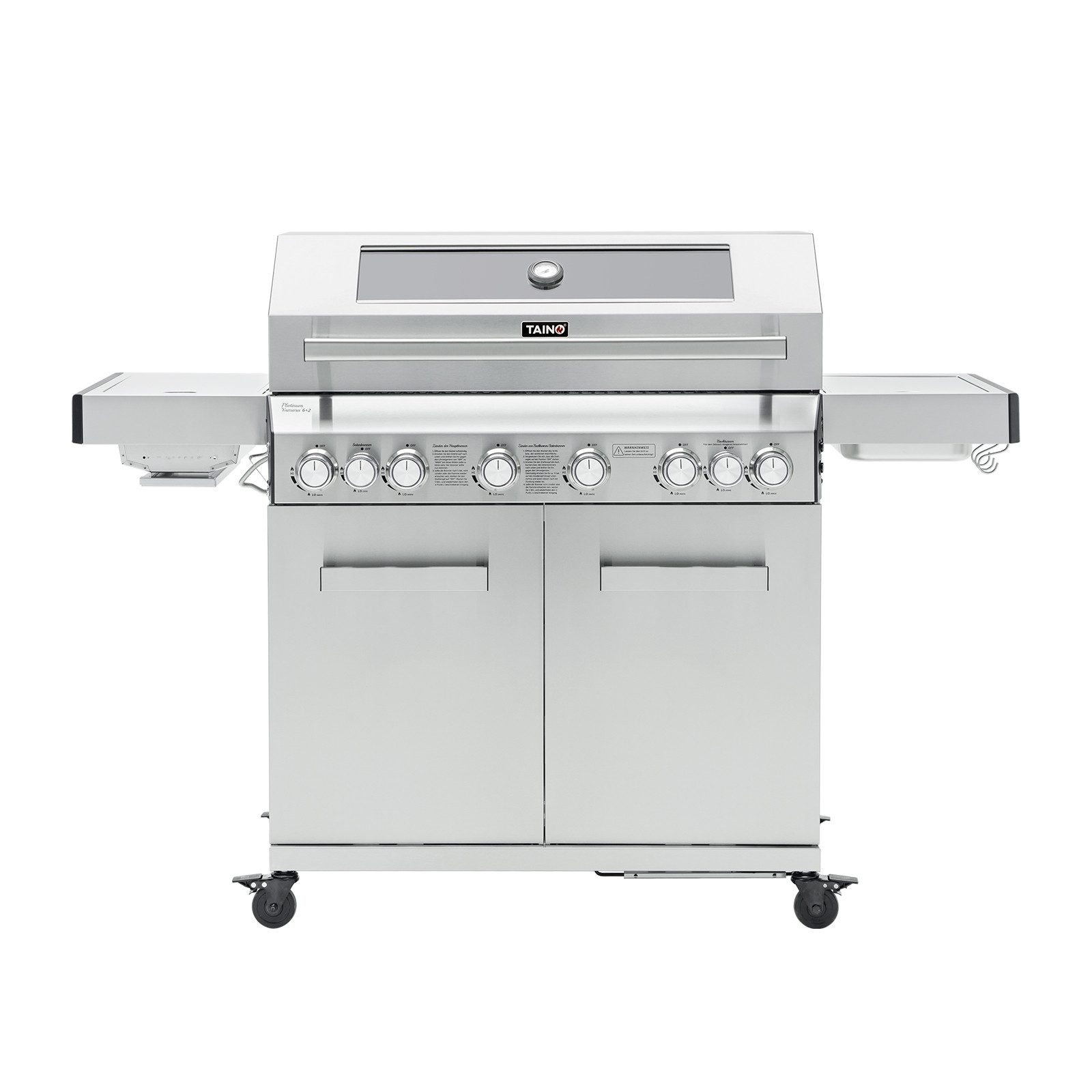 TAINO Gasgrill PLATINUM YAMARA 6+2 mit Haube, Spar-Set, 6 Hauptbrenner, Sear-Zone, Heckbrenner, Edelstahl, Silber