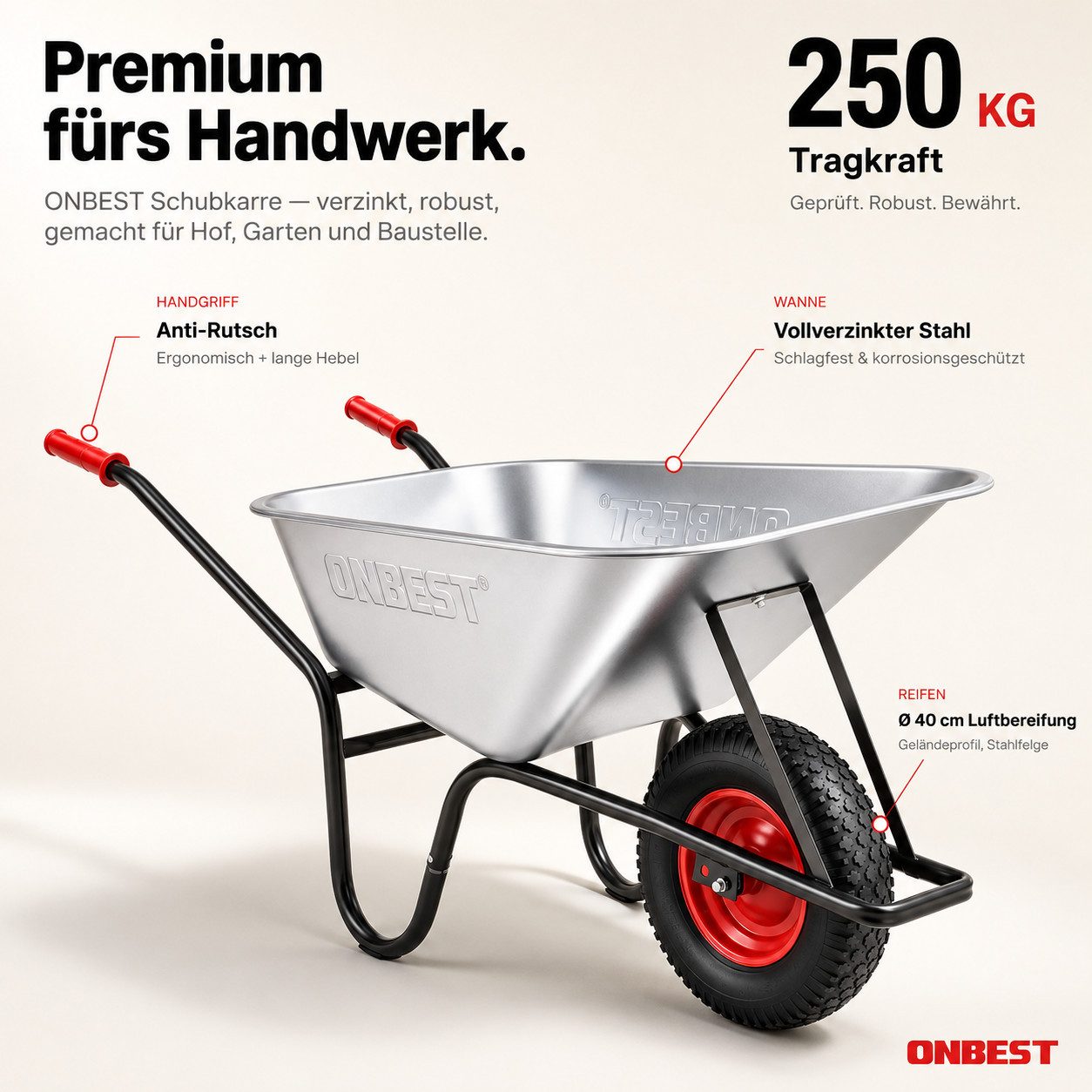 Onbest Schubkarre Gartenwagen Transportkarre verzinkt inklusive Gartensack, 100 Liter Volumen, 250 kg, Stahlrahmen, Pulverberschichtet
