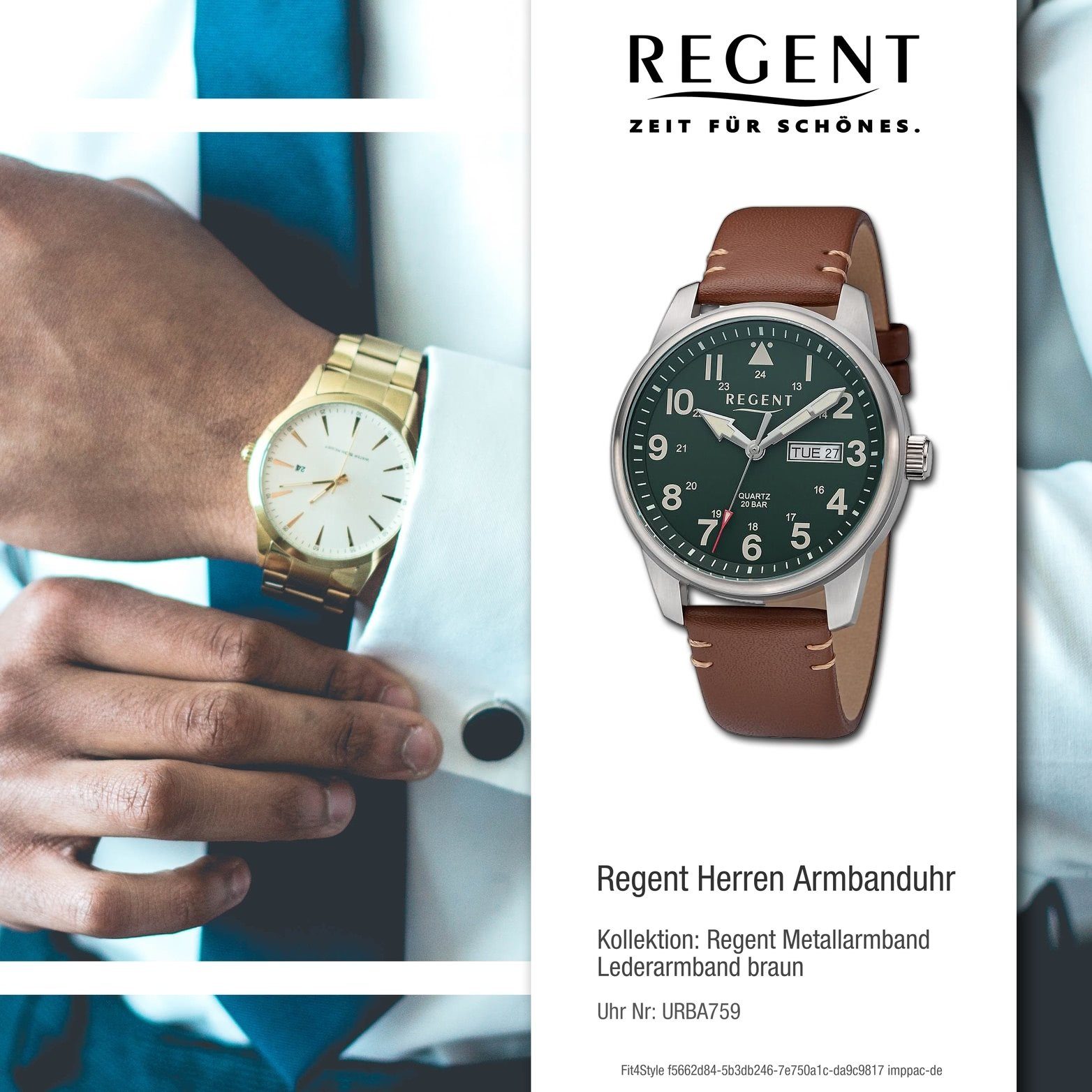 Regent Quarzuhr Analog, Herrenuhr rundes groß Gehäuse, Armbanduhr extra Herren braun, 40,5mm) (ca. Regent Lederarmband