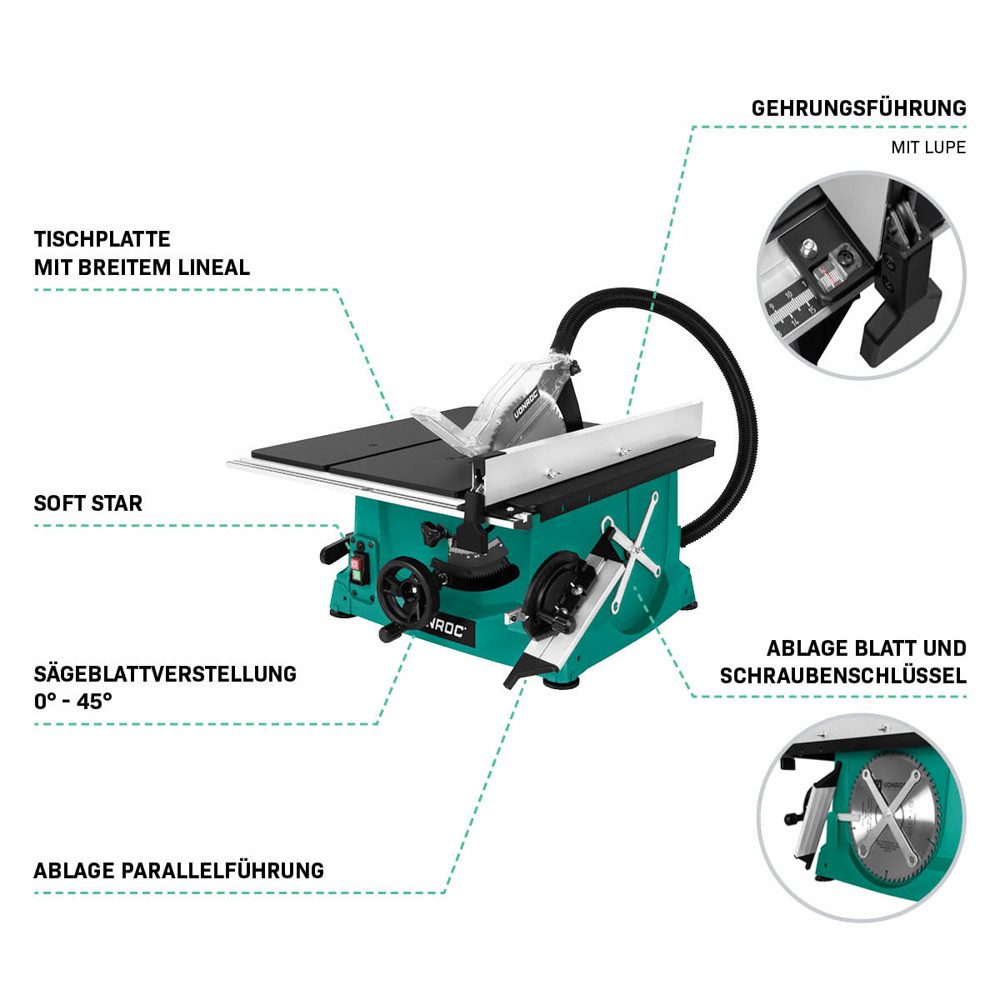 VONROC Tischkreissäge mit Führungsschiene 2000W - Tischsäge mit Staubabsaugung 5000U/min, Ø250mm - Inkl. Gehrungsführung und 60T Sägeblatt