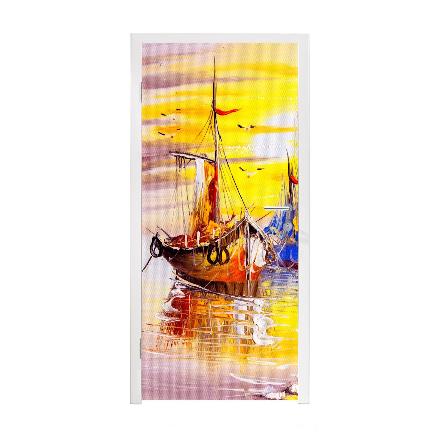 MuchoWow Türtapete Malerei - Boot - Wasser - Ölfarbe, Matt, bedruckt, (1 St), Fototapete für Tür, Türaufkleber, 75x205 cm