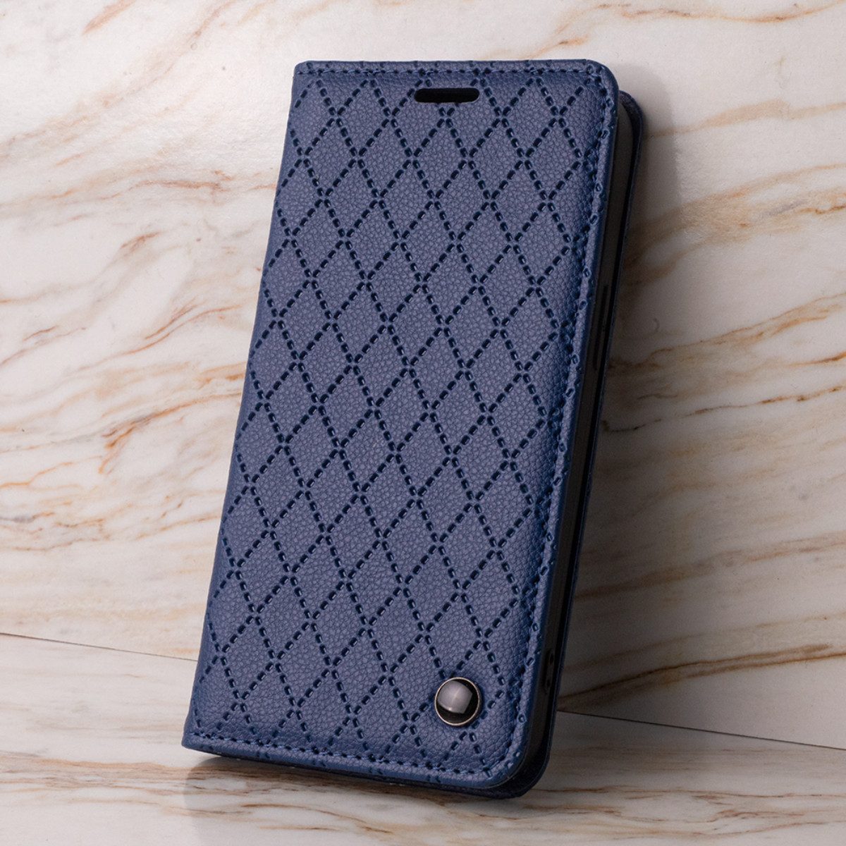COFI 1453 Handyhülle Smart Caro für Honor Honor 600 Lite Dunkelblau Wallet Karomuster 6,6, Karomuster mit Kartenfach und Standfunktion