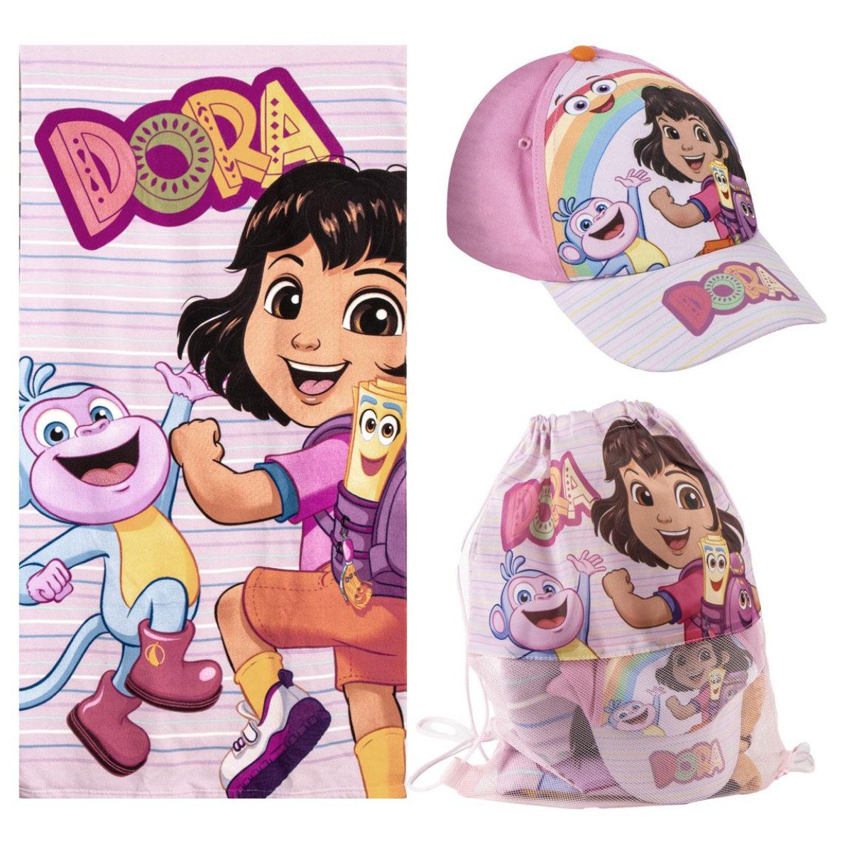 Dora the Explorer Strandtuch Set Strandtuch 70 × 140 cm Baseballkappe und Turnbeutel für Kinder