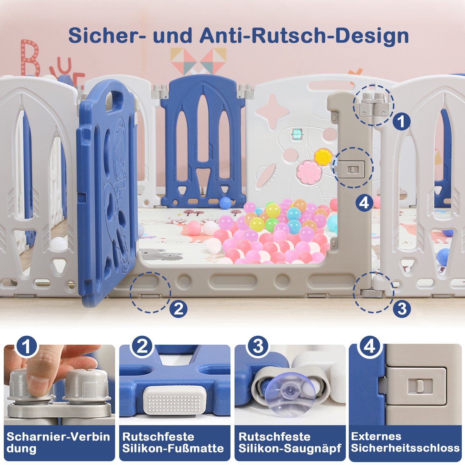 Baby Faltbar mit Laufgitter (14-tlg), Tür, UISEBRT Laufstall BPA Frei