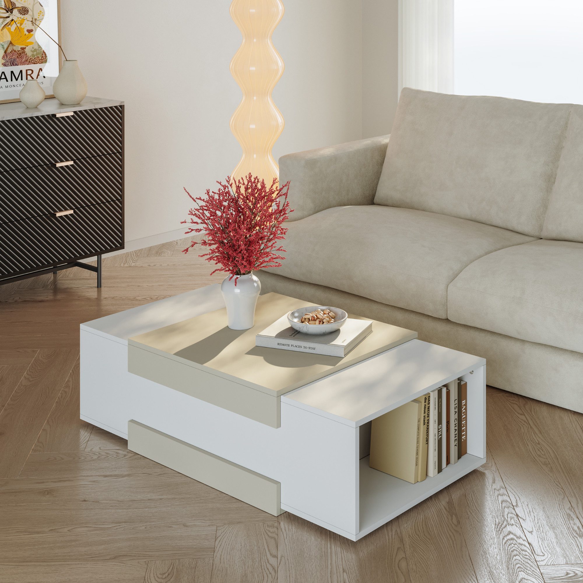 en.casa Couchtisch, »Eljak« 110 x 57 x 31 cm mit 2 Fächern rechteckig Weiß/Sandfarben