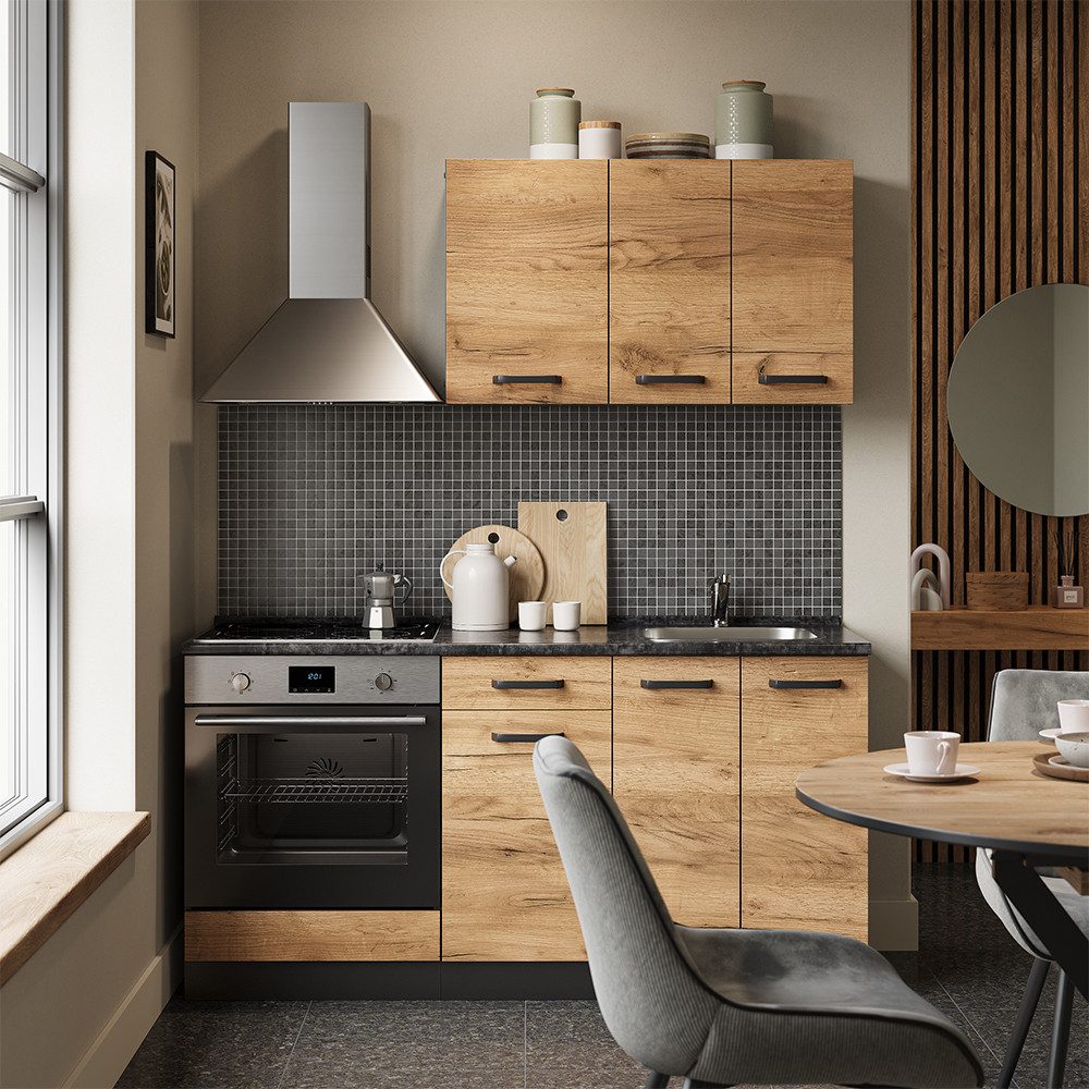 Vicco Küchenzeile R-Line, Goldkraft Eiche/Anthrazit, 160 cm mit Herdumbauschrank ohne...