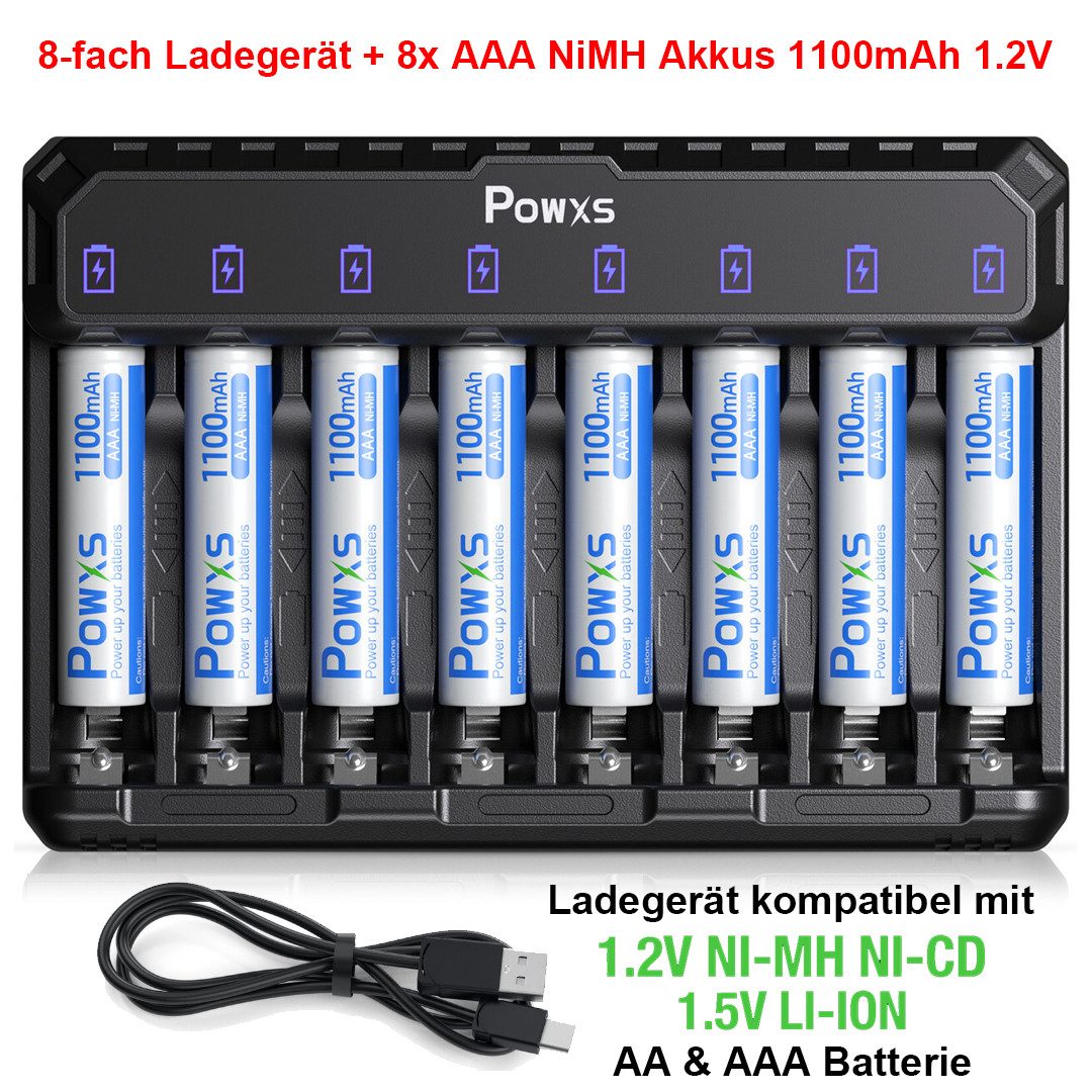 EBL 8-fach Akku Ladegerät-Schnell + 8x AAA NiMH 1100mAh 1,2V Batterie Batterie-Ladegerät (1-tlg., für AA/AAA/C/D NI-MH/NI-CD Akku & 9V Li-ion/NI-MH Akku)