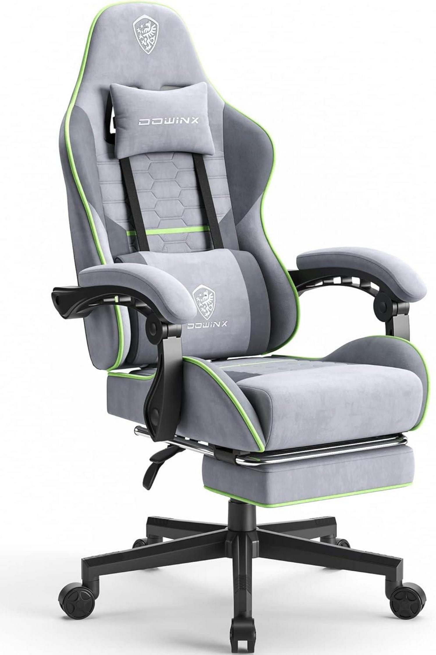 Gaming-Stuhl Gaming Stuhl Massage Stoff Kopfstütze Fußstütze Ergonomisch Grau Grün