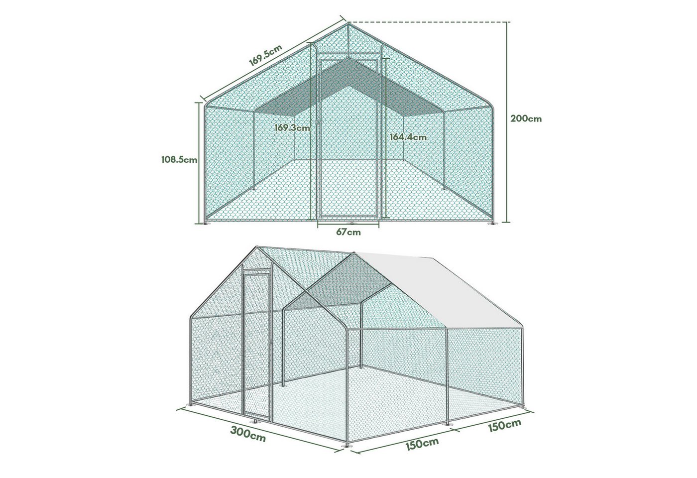 Thumbnail - Clanmacy Freigehege 3x3x2m Hühnerstall Hühnerhaus Dach Geflügelstall Verzinkter