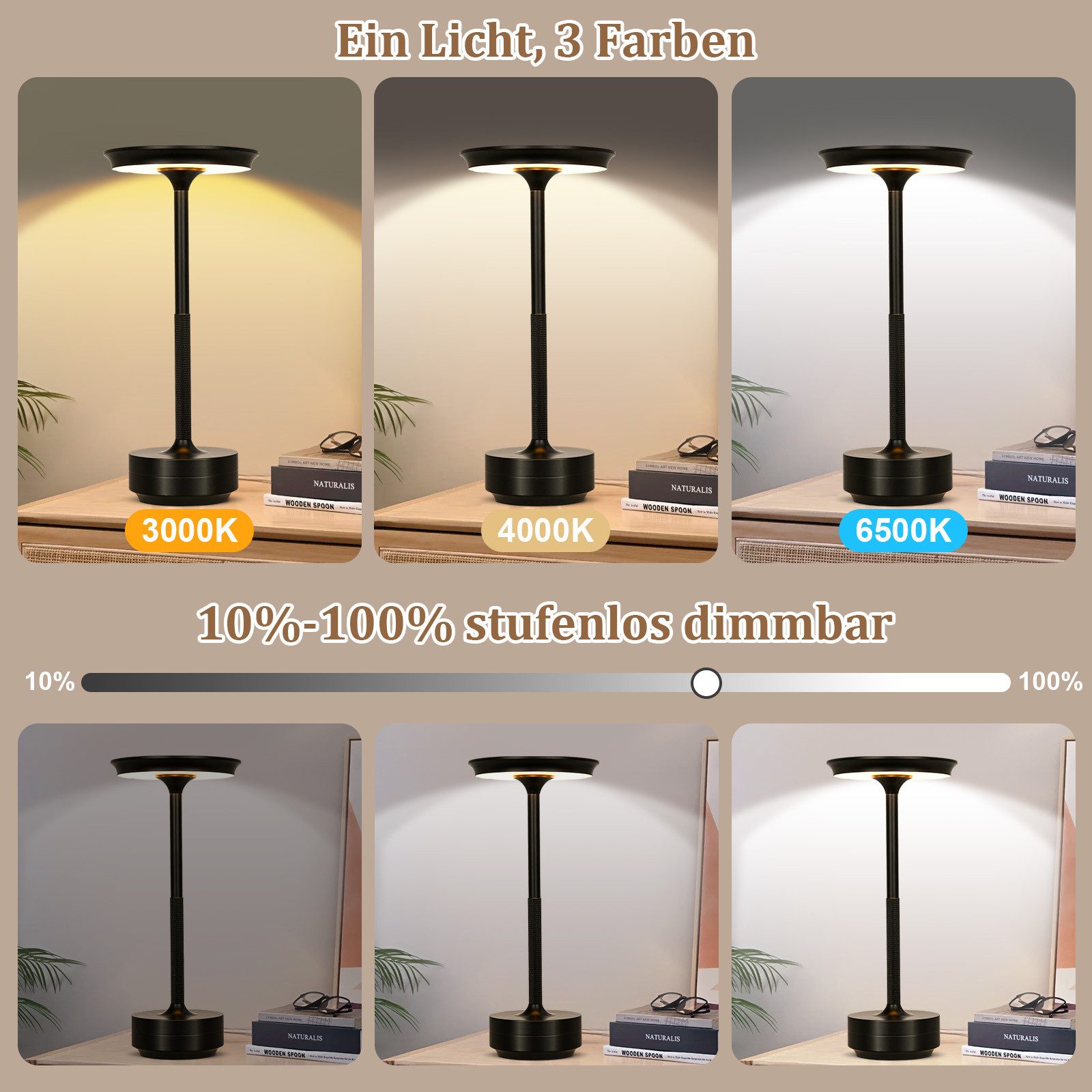 MUPOO LED Tischleuchte Tischlampe Akku Touch Dimmbar mit USB-C,3 Farbtem, S günstig online kaufen