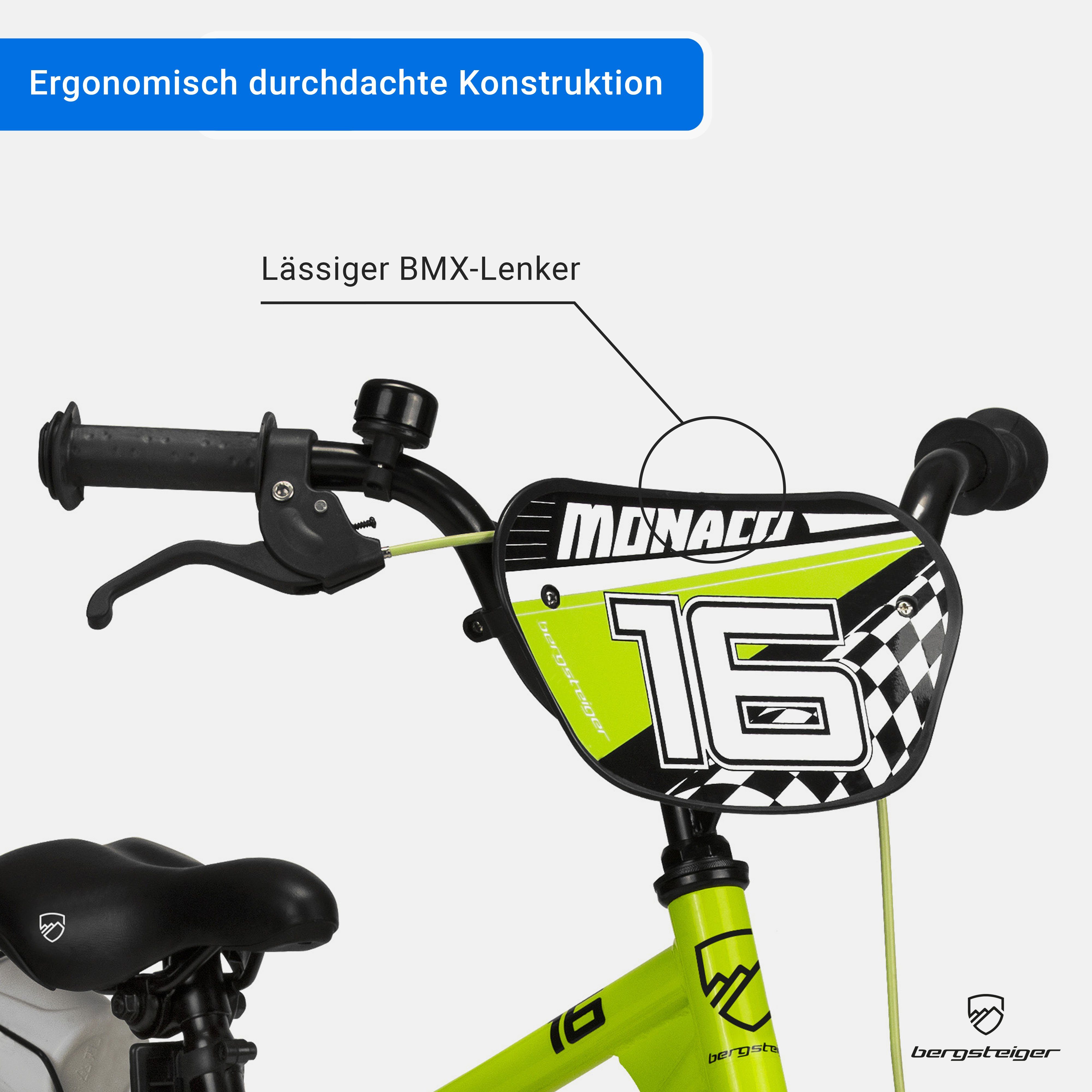 bergsteiger Kinderfahrrad Monaco 16 Zoll, geeignet für 4, 5, 6 Jahre, BMX, 1 Gang, V-Brakes, Trinkflasche – Bild 4 von 5