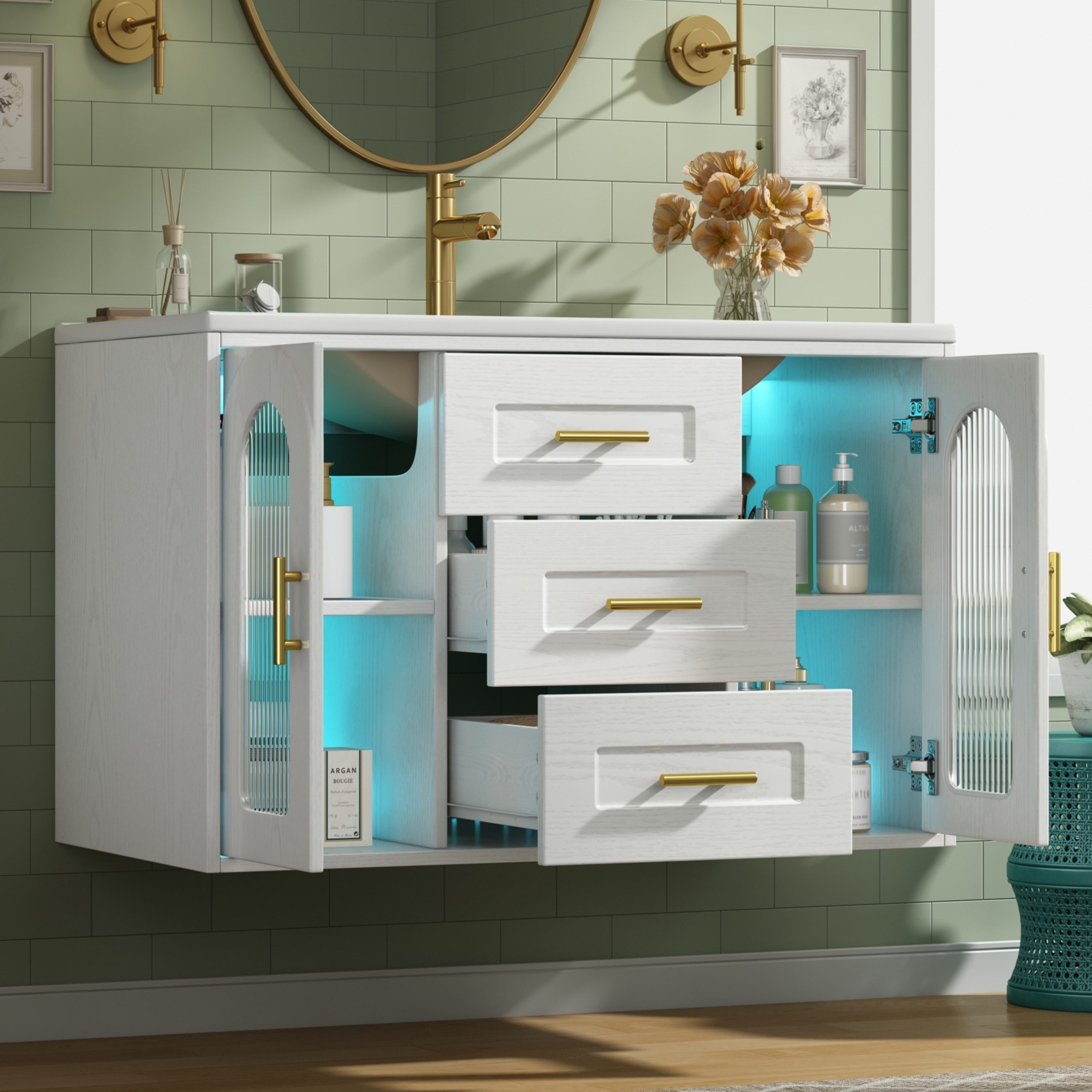 Flieks Waschtisch mit Led-Beleuchtung Waschbeckenunterschrank inkl. Waschbecken (B76/T46/H55 cm, 1-St., wandhängender Badschrank mit verstellbarer Einlegeböden), Badmöbel-Set mit 2 Schubladen und Glastüren Badezimmerschrank Weiß