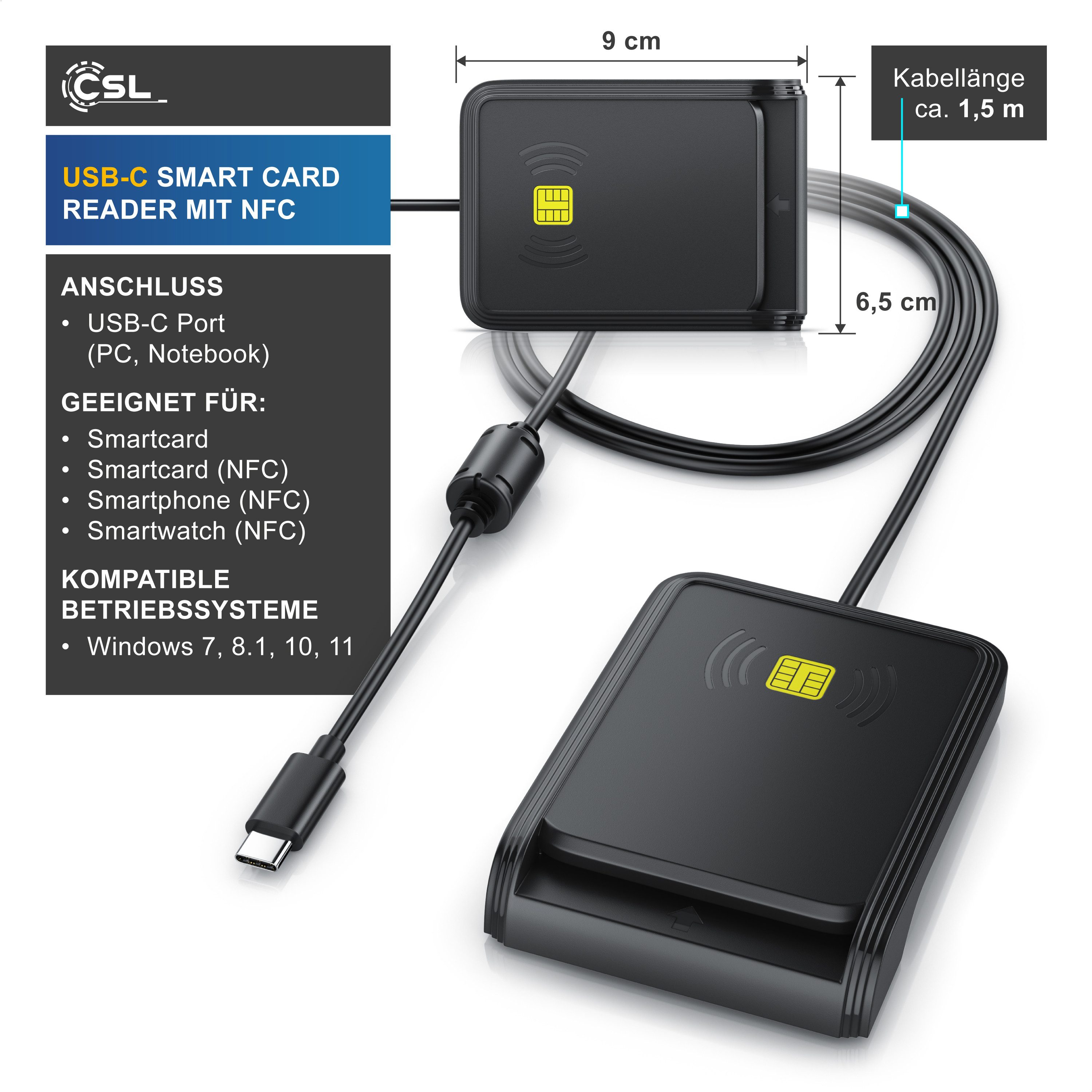 CSL Speicherkartenleser USB C, NFC, SmartCard Reader, SIM Kartenlesegerät, ISO 7816, ISO 14443, Mac OS, Windows 7–11, Personalausweis, Krankenkassenkarten, Bankkarten