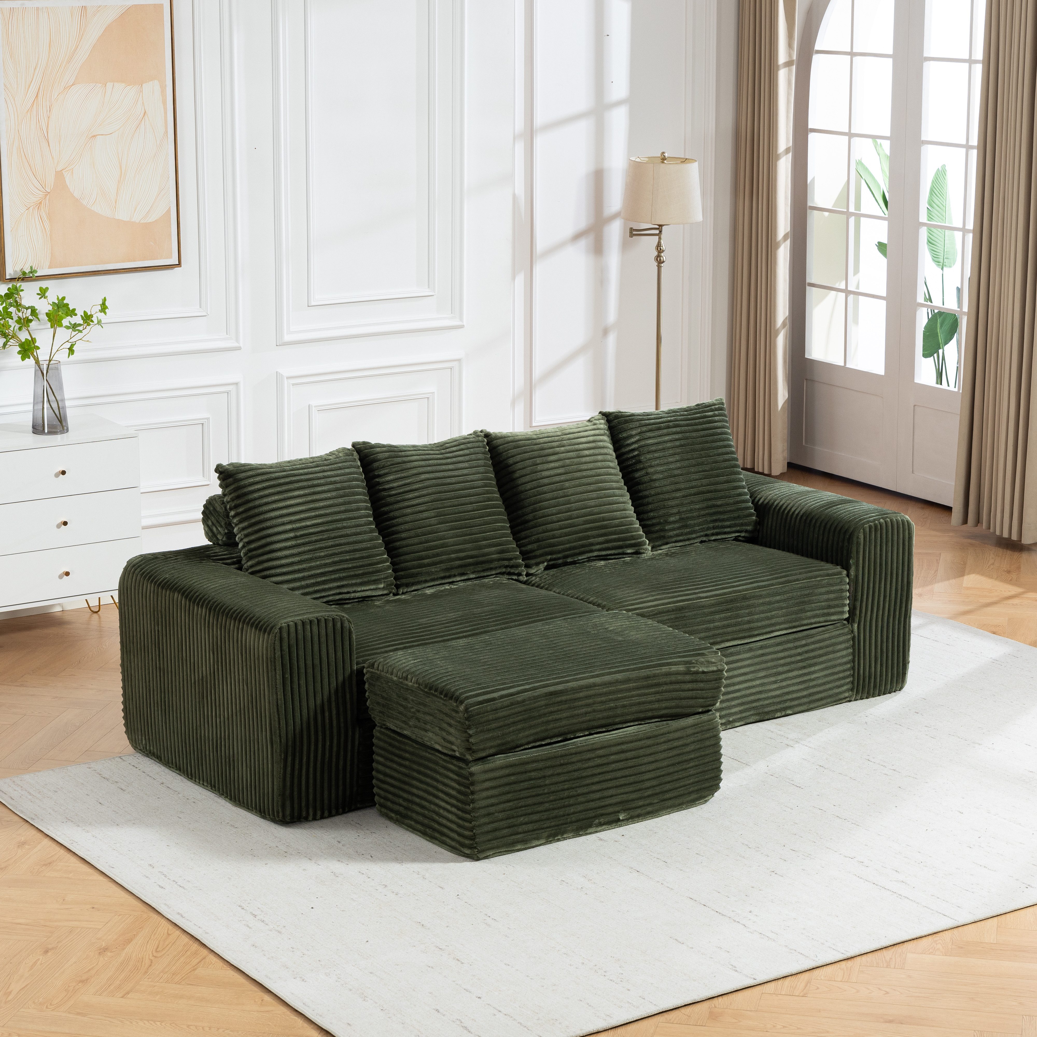 Sinaopus Ecksofa Modulares Ecksofa aus Cord mit Fußhocker und breiter Sitzfläche, Bequemes Wohnzimmersofa mit flexiblem Hocker und weicher Polsterung