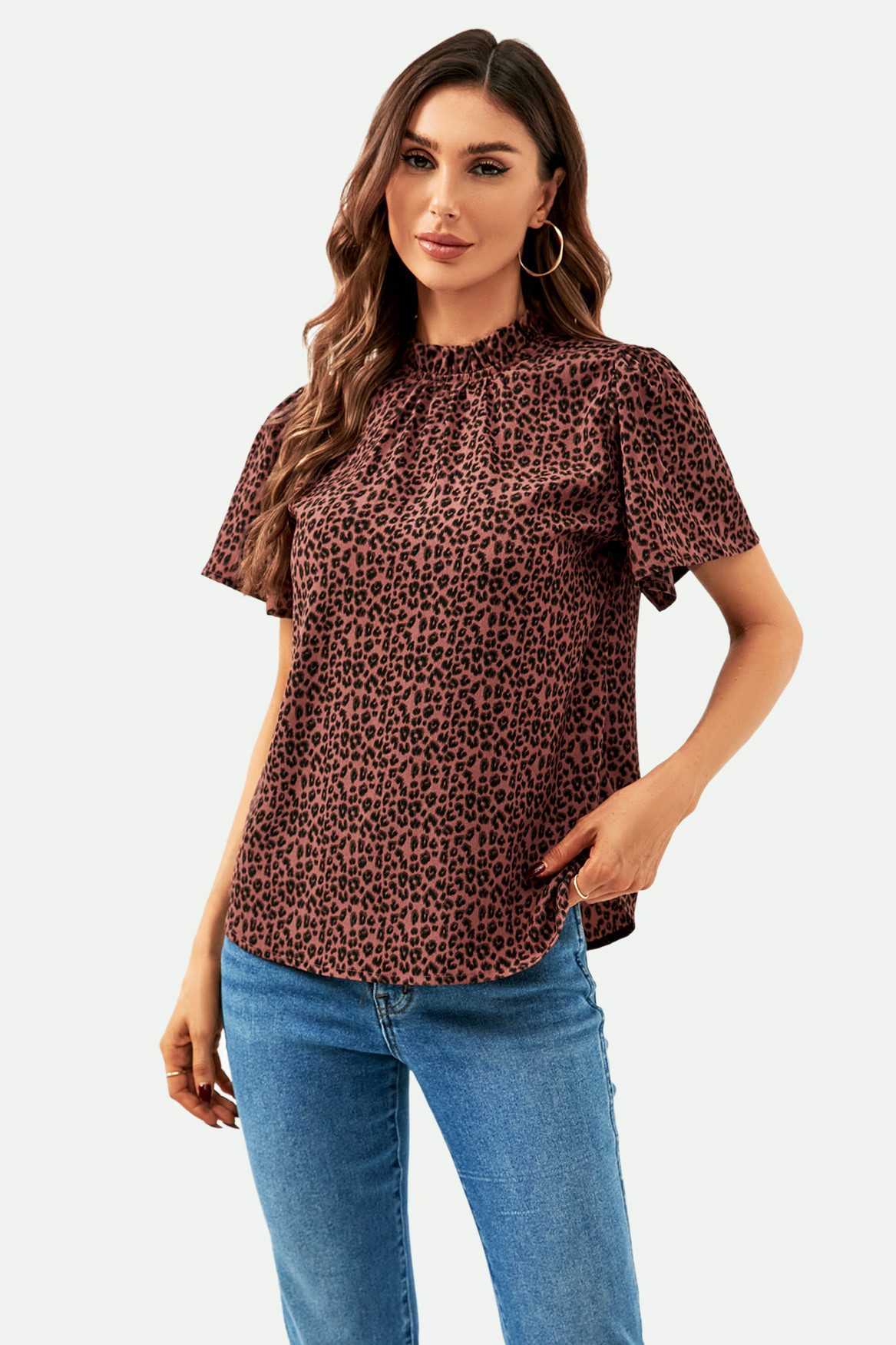FS Collection Kurzarmbluse Damen Bluse mit Engelsärmeln und hohem Kragen im Leo-Design (XS (EU:36 / UK:8) · S (EU:38 / UK:10) · M (EU:40 / UK:12) · L (EU:42 / UK:14) · XL (EU:44 / UK:16) leicht, fließend, formstabil und pflegeleicht