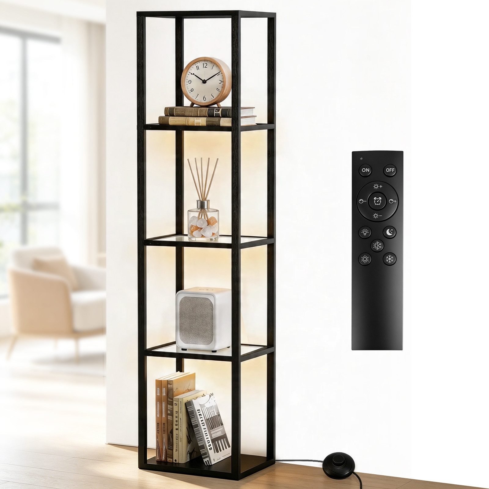 XIIW Standregal LED Dimmbar Bücherregal Glas Ablagen Sammlervitrine Stehend Eckregal, 5 Ebenen 168x78x30cm Einstellbarer LED-Beleuchtung, Holz Standleuchte für Büro Wohnzimmer Schlafzimmer