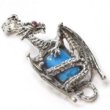 Goldene Hufeisen Kettenanhänger Dragon Drache Rubin Türkis Anhänger 925 Silber Rhodiniert, Edelsteinschmuck für Damen, Herren