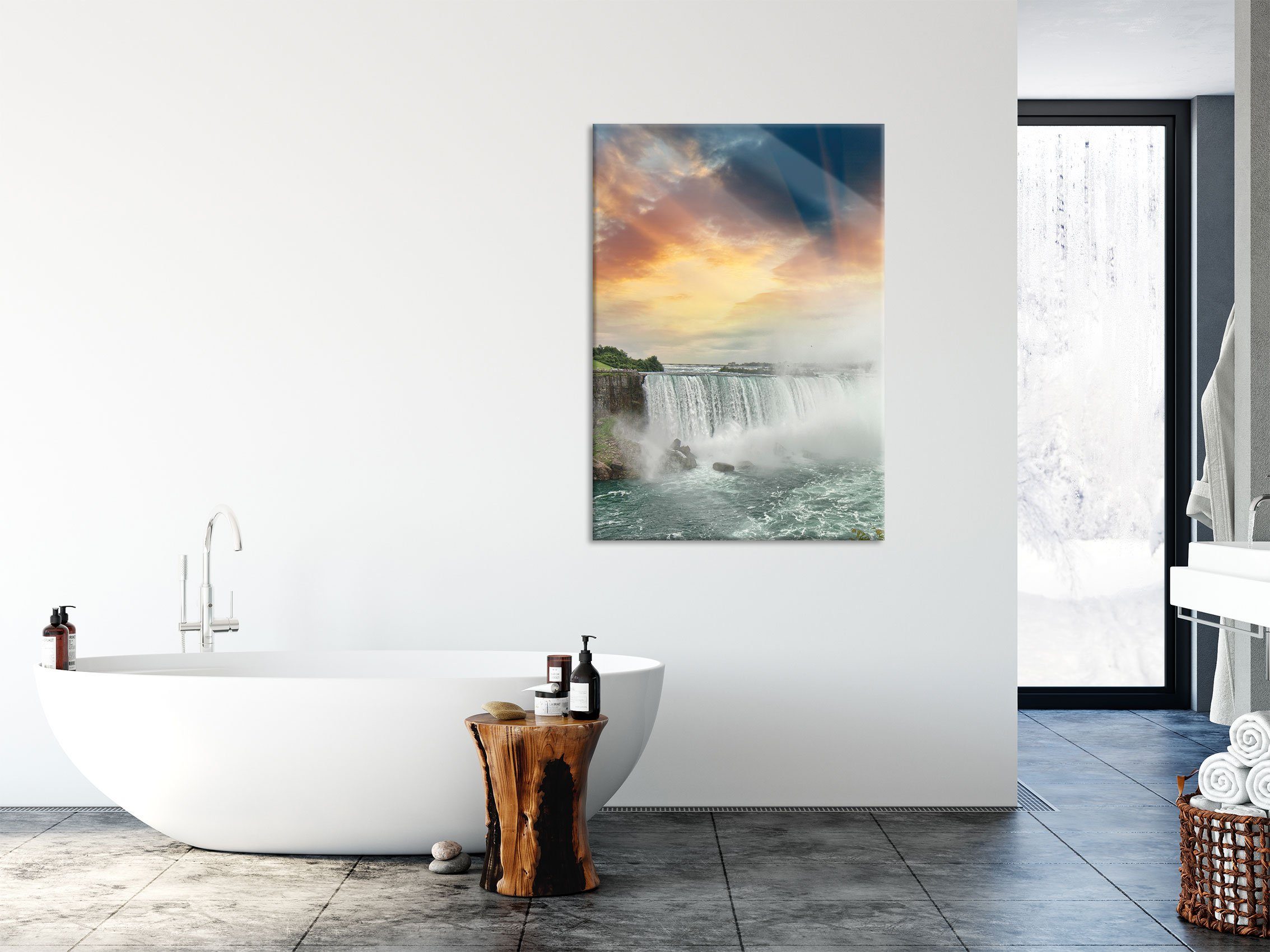 Niagarafälle Aufhängungen inkl. bei Niagarafälle St), Sonnenuntergang Sonnenuntergang, aus Glasbild und Echtglas, Abstandshalter Pixxprint Glasbild (1 bei