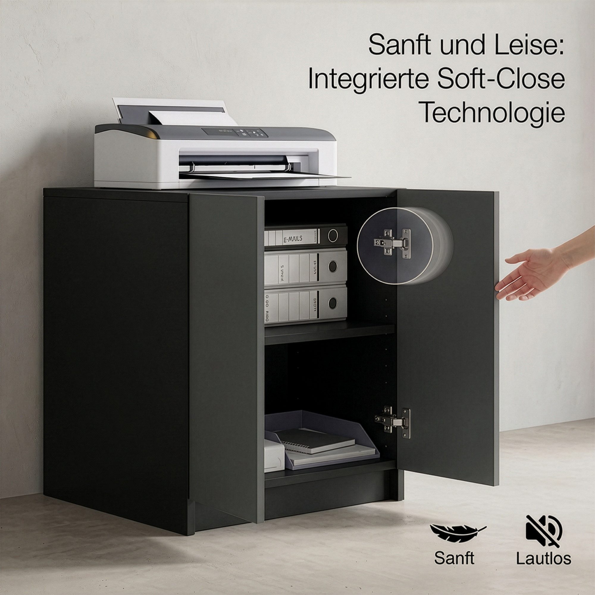 InnoFurn Aktenschrank Elona Druckerkommode (Druckertisch, Extra Tief für Drucker) Druckerschrank Soft-Close & Push-to-Open, Made in Germany – Bild 4 von 5