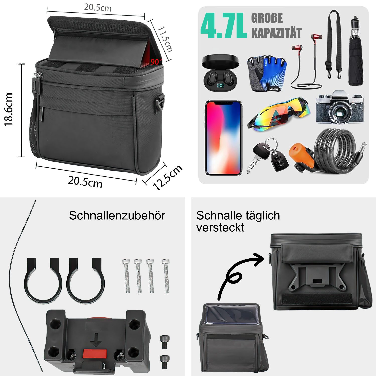 HEYHIPPO Fahrradkorb Lenkertasche, wasserdichter Fahrradkorb mit großem Fassungsvermögen (Umhängetasche Fahrrad Fronttasche, Geeignet für Mountainbikes, Vorderkopf kann Cross-Body sein, schwarz), Doppelreißverschluss fahrradtasche vorne 20,6 x 18,3 x 12,5 cm