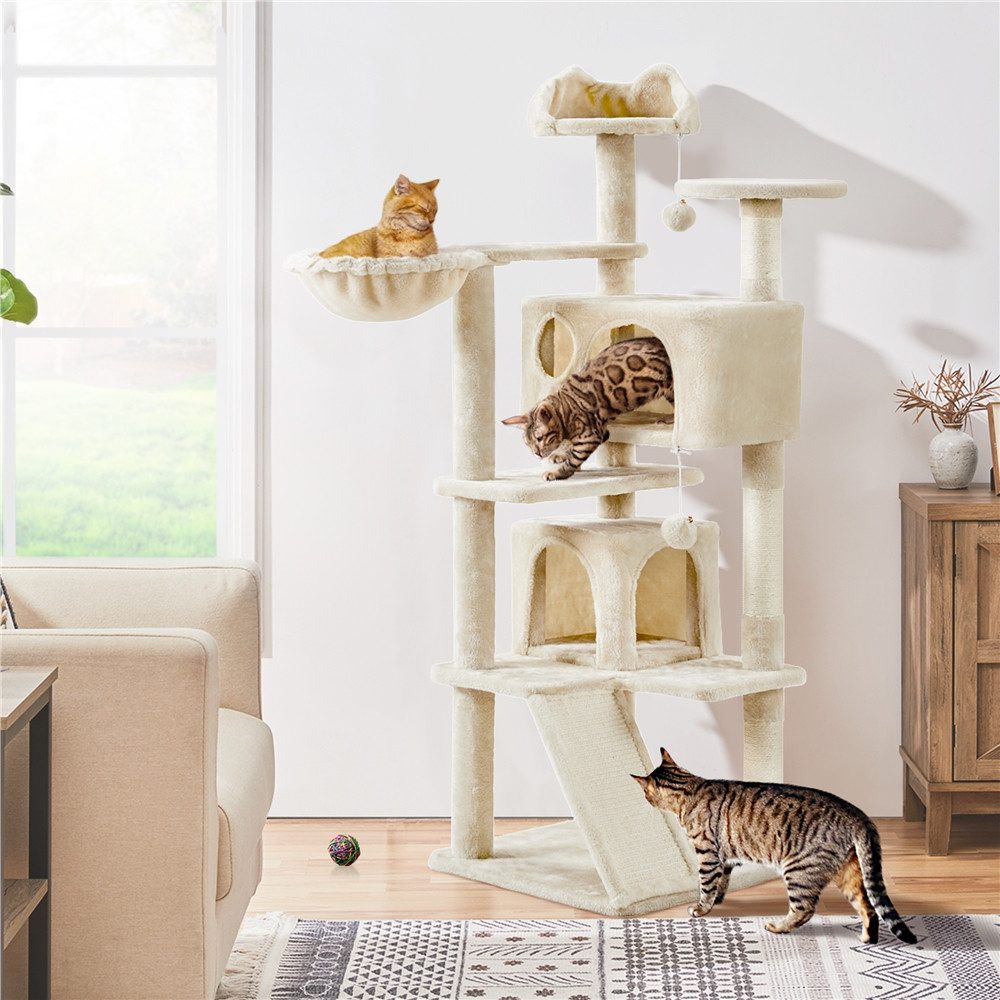 Yaheetech Kratzbaum 146 cm (H), Plüsch Kletterbaum Katzenbaum, mit 3 Aussichtsplattformen, für kleine und mittelgroße Katzen