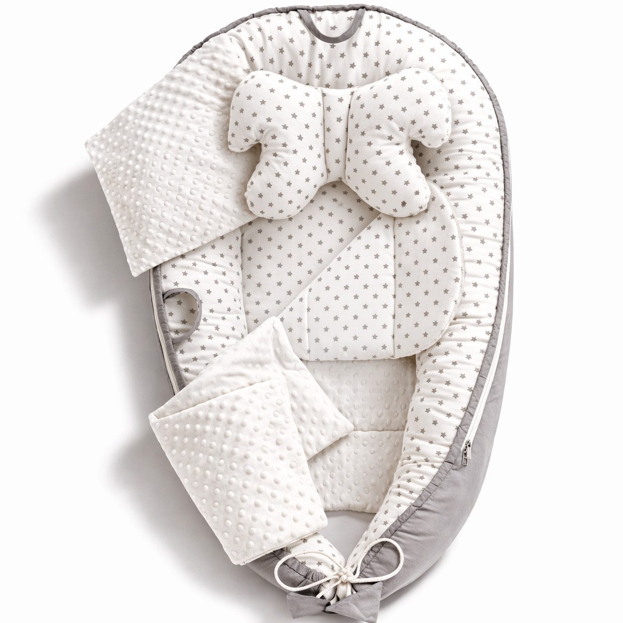 SKY & ZEN Kuschelnest für Neugeborene – Baby Nestchen Set, Babynest mit Tragegriff, (Set), 5 Teile