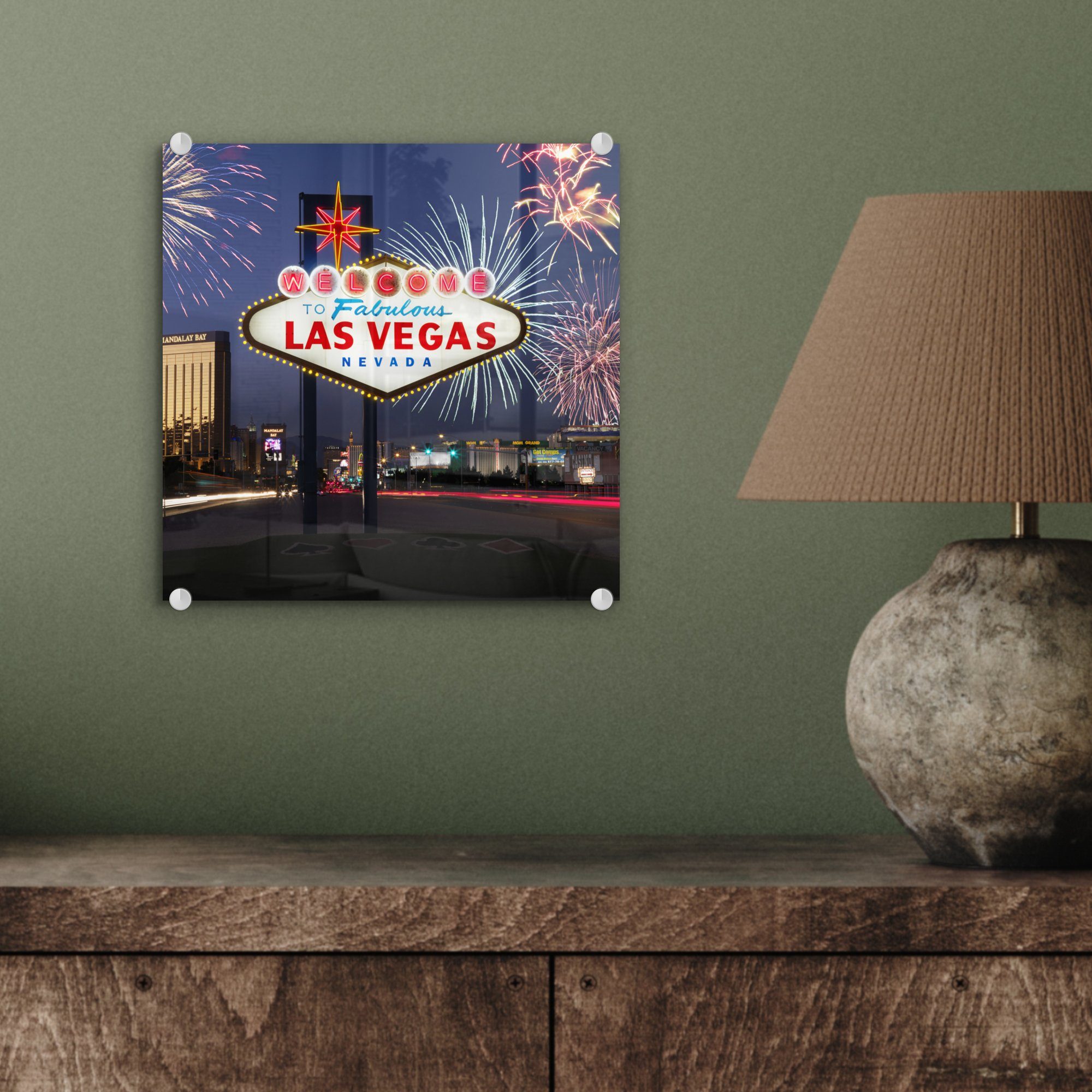 St), Wanddekoration auf Glasbilder - MuchoWow Willkommensschild - Vegas Staaten, Acrylglasbild auf Glas Bilder Vereinigte Foto Glas - Las Wandbild (1 -