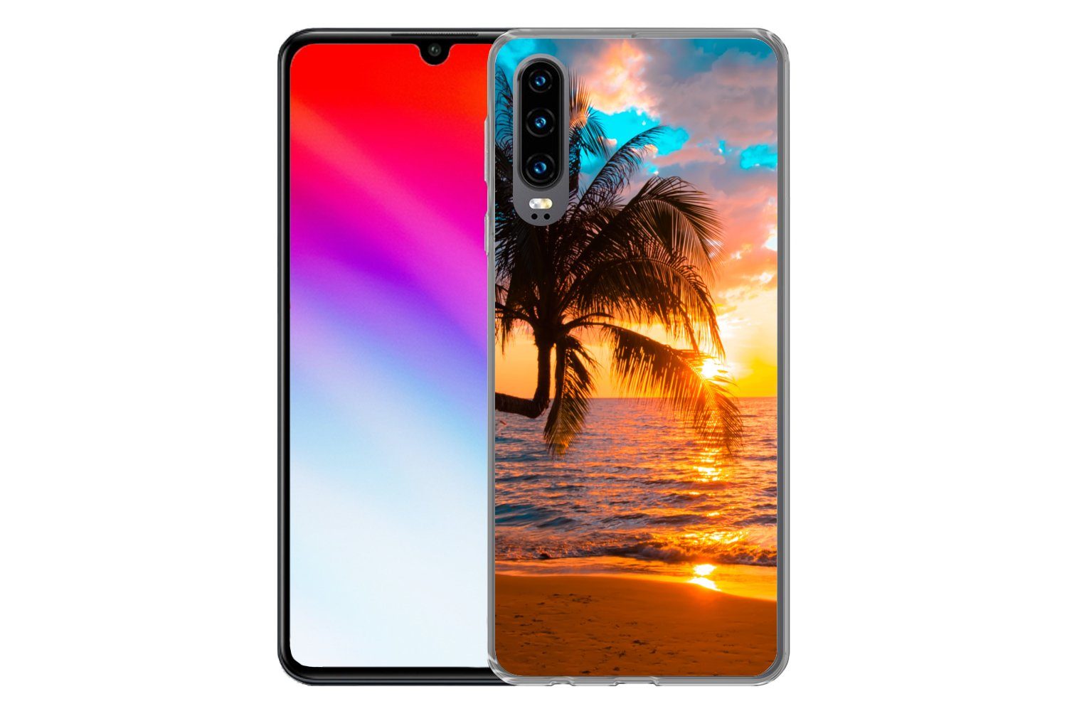 MuchoWow Handyhülle für Huawei P30 Palme - Sonnenuntergang - Horizont - Strand - Meer - Tr, Handy Case, Silikon, Bumper Case Dünn