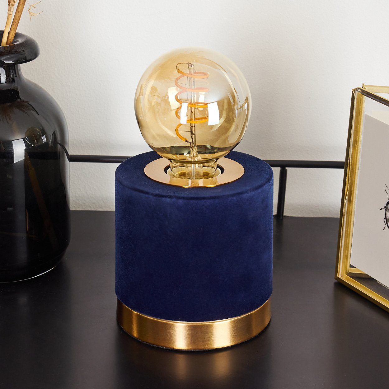 hofstein Tischleuchte Gold/Blau Samt Nacht Tisch Lese Lampen Vintage Wohn S günstig online kaufen