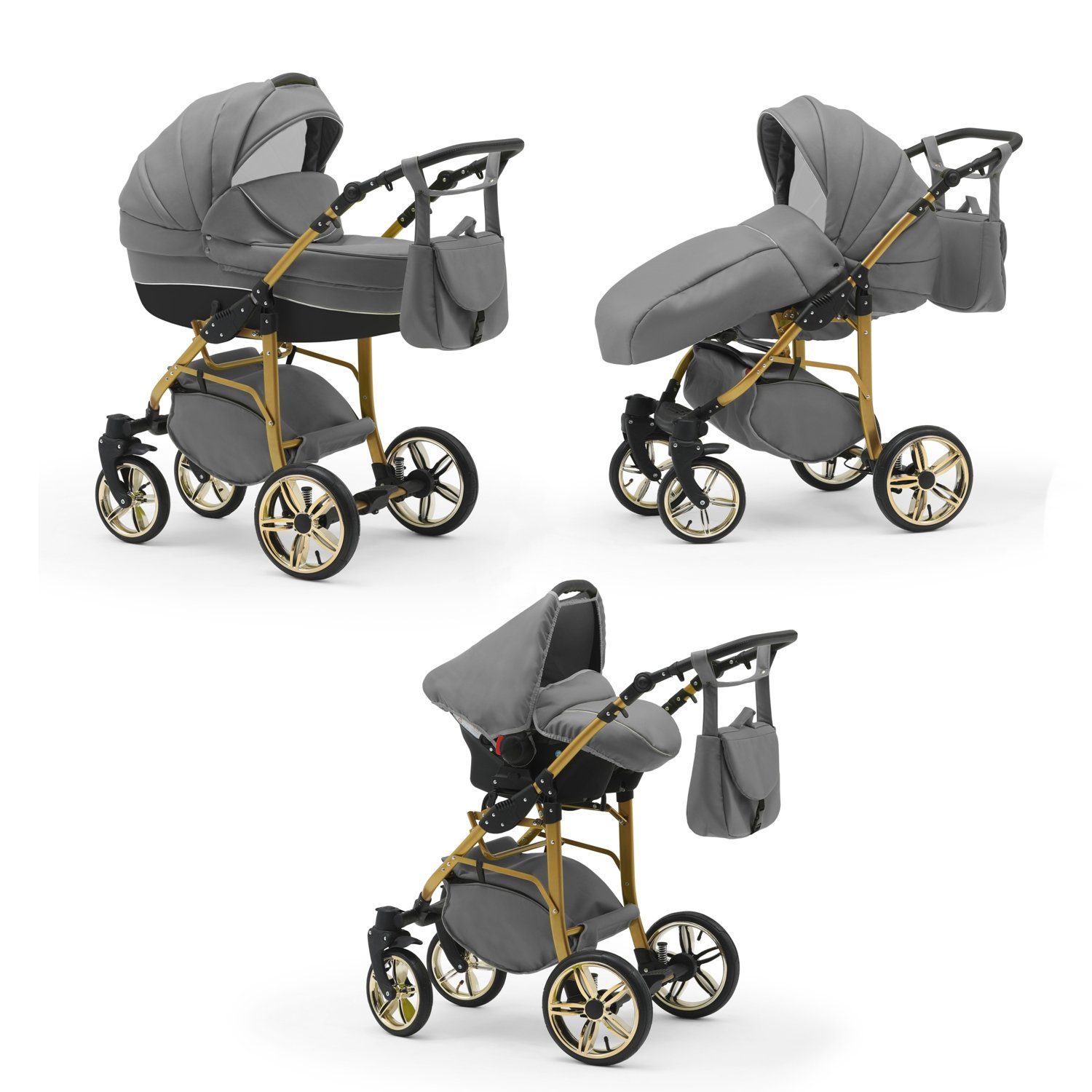 babies-on-wheels Kombi-Kinderwagen 3 in 1 Kinderwagen-Set Cosmo Gold- 16 Teile - in 46 Farben Schwarz-Grau