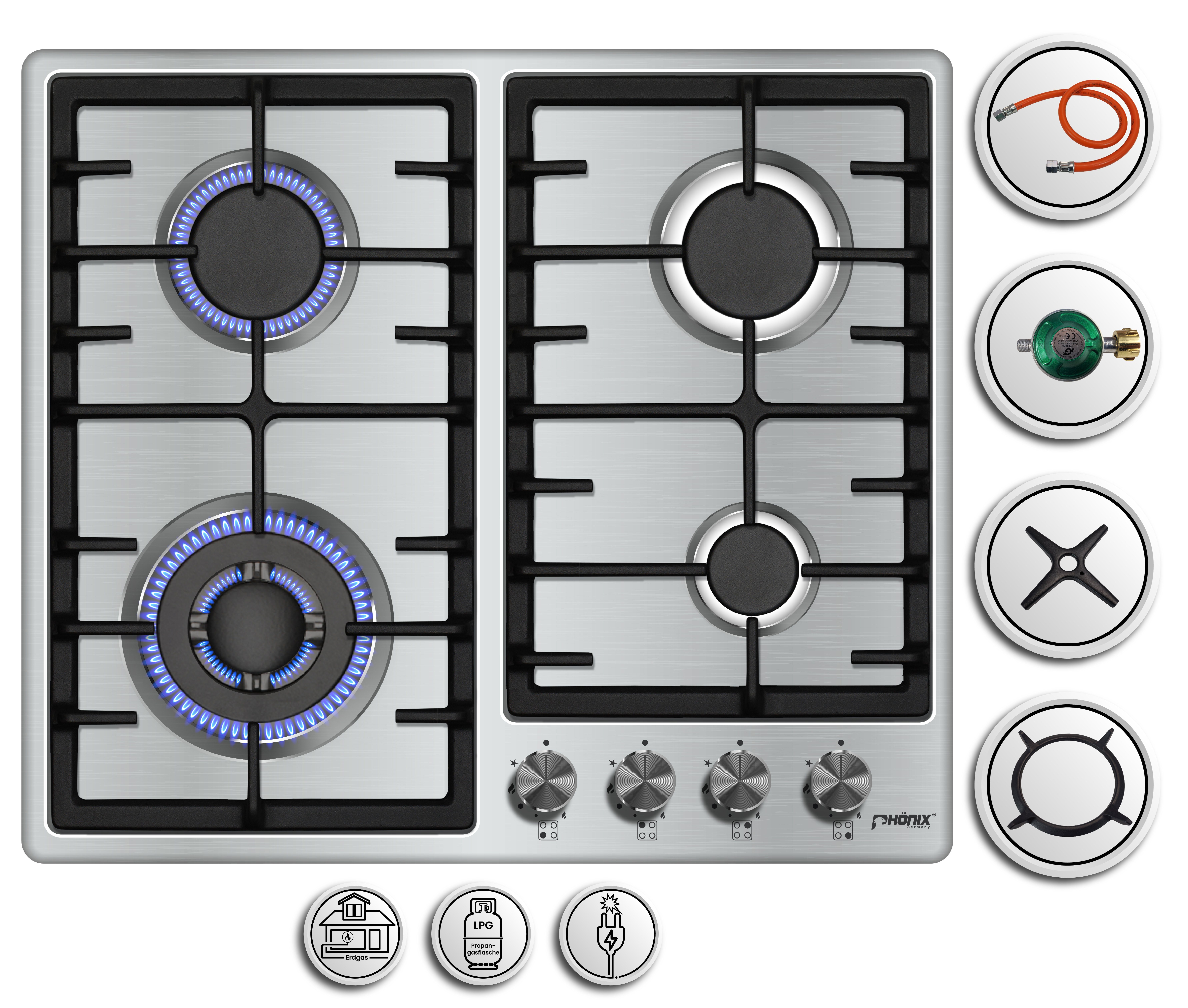 Phönix Germany Gas-Kochfeld PS-603T, Gaskocher 4 flammig mit Zündsicherung, Propan- / Erdgas, H-Gas