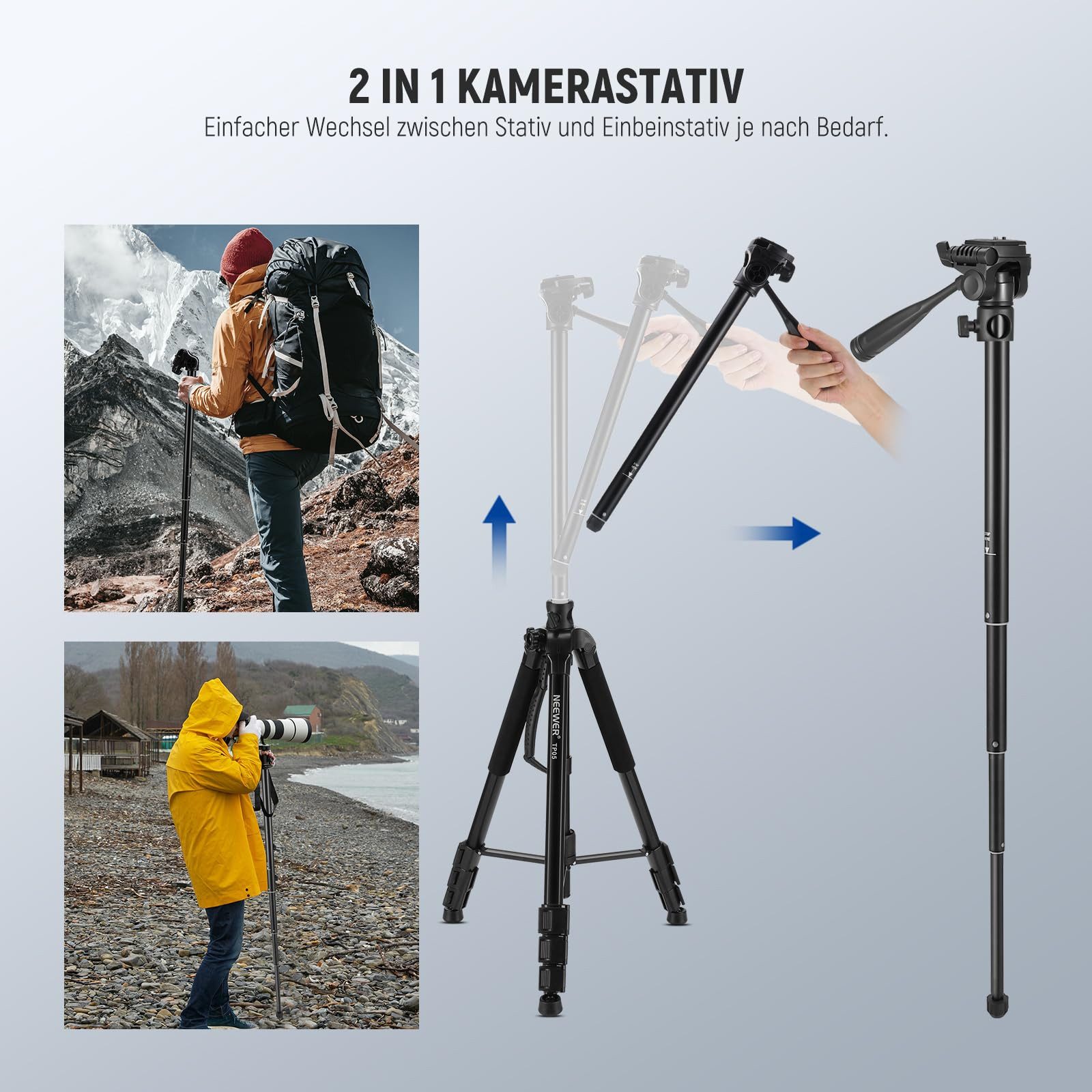 Neewer TP05-74" Videostativ Einbeinstativ, Höhenverstellbar 60-189 cm Dreibeinstativ (3 Wege Schwenk Neigekopf, Reisestativ Aufnehmen für iPhone DSLR)