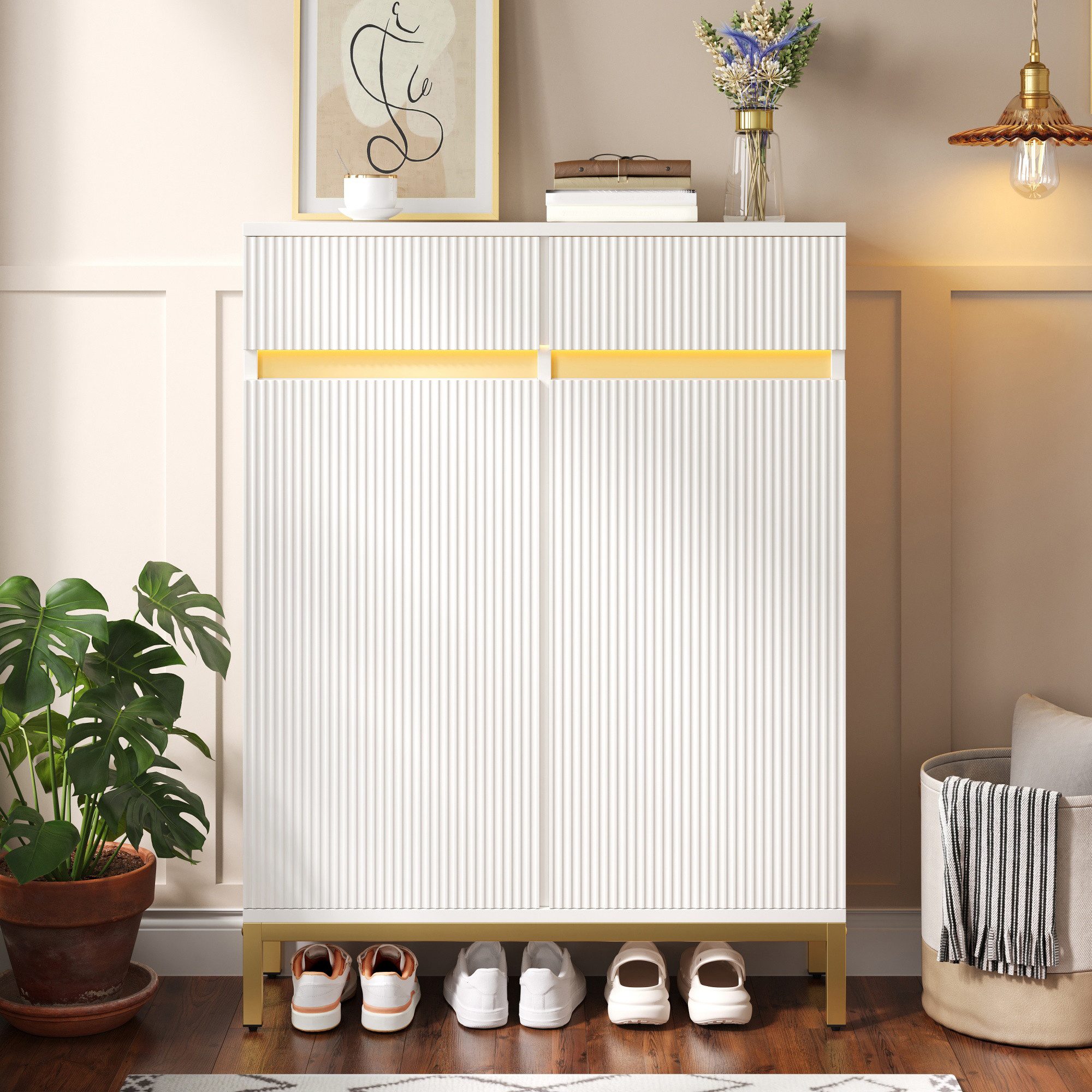 Merax Schuhschrank mit LED-Beleuchtung, geriffelte Front & höhenverstellbare Einlegeböden (80x35x103 cm, 1-St) Schuhaufbewahrung mit 2 Schubladen, 2 Türen & goldene Metallbeine