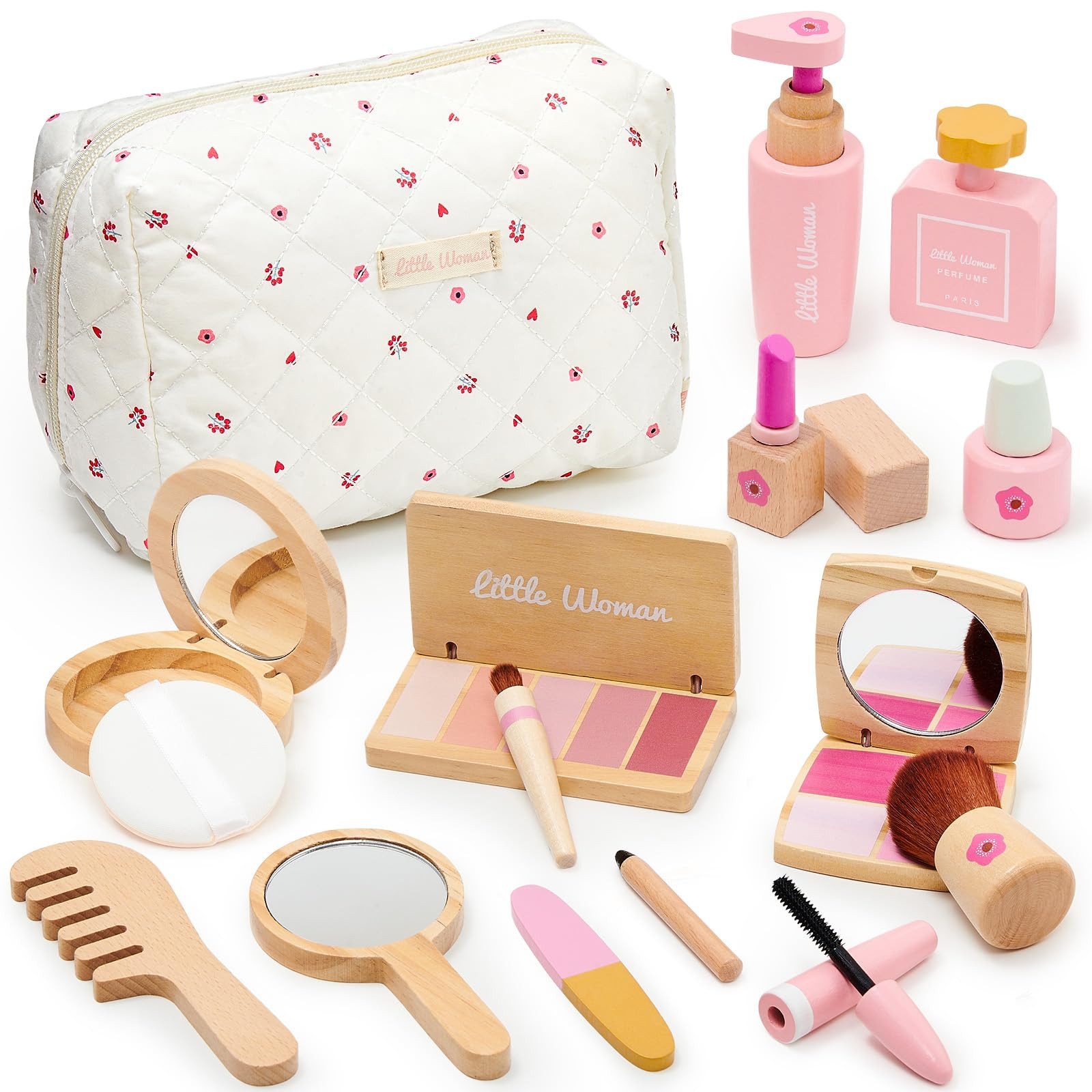 Sorvyzxn Spielzeug-Frisierkoffer Holz Kinderschminke Set Mädchen,Make-up-Spielzeug,Schminkkoffer, 15-tlg., Rollenspiel für Kinder,tragbares Spielzeug,Holzspielzeug
