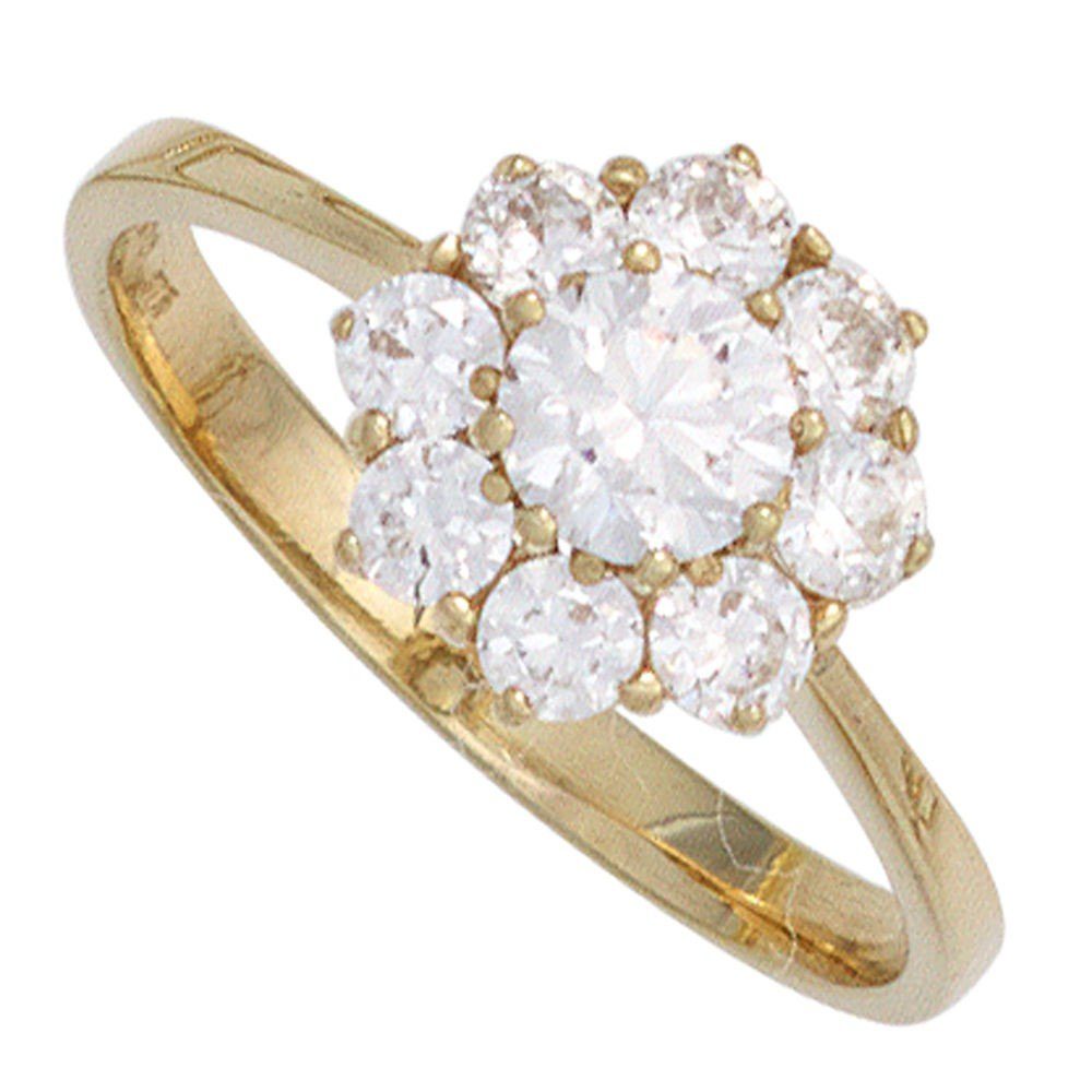 Schmuck Krone Goldring Ring, weiße Zirkonia, Blume, 375 Gelbgold, Gold 375