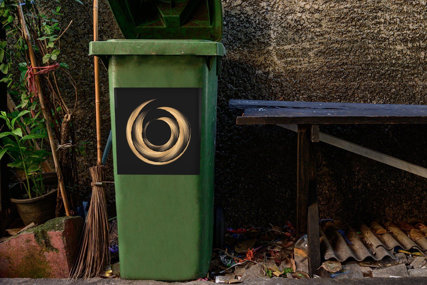 MuchoWow Wandsticker Goldfarbene Spirale aus Abfalbehälter Pinselstrichen (1 Mülltonne, St), Mülleimer-aufkleber, Sticker, Container