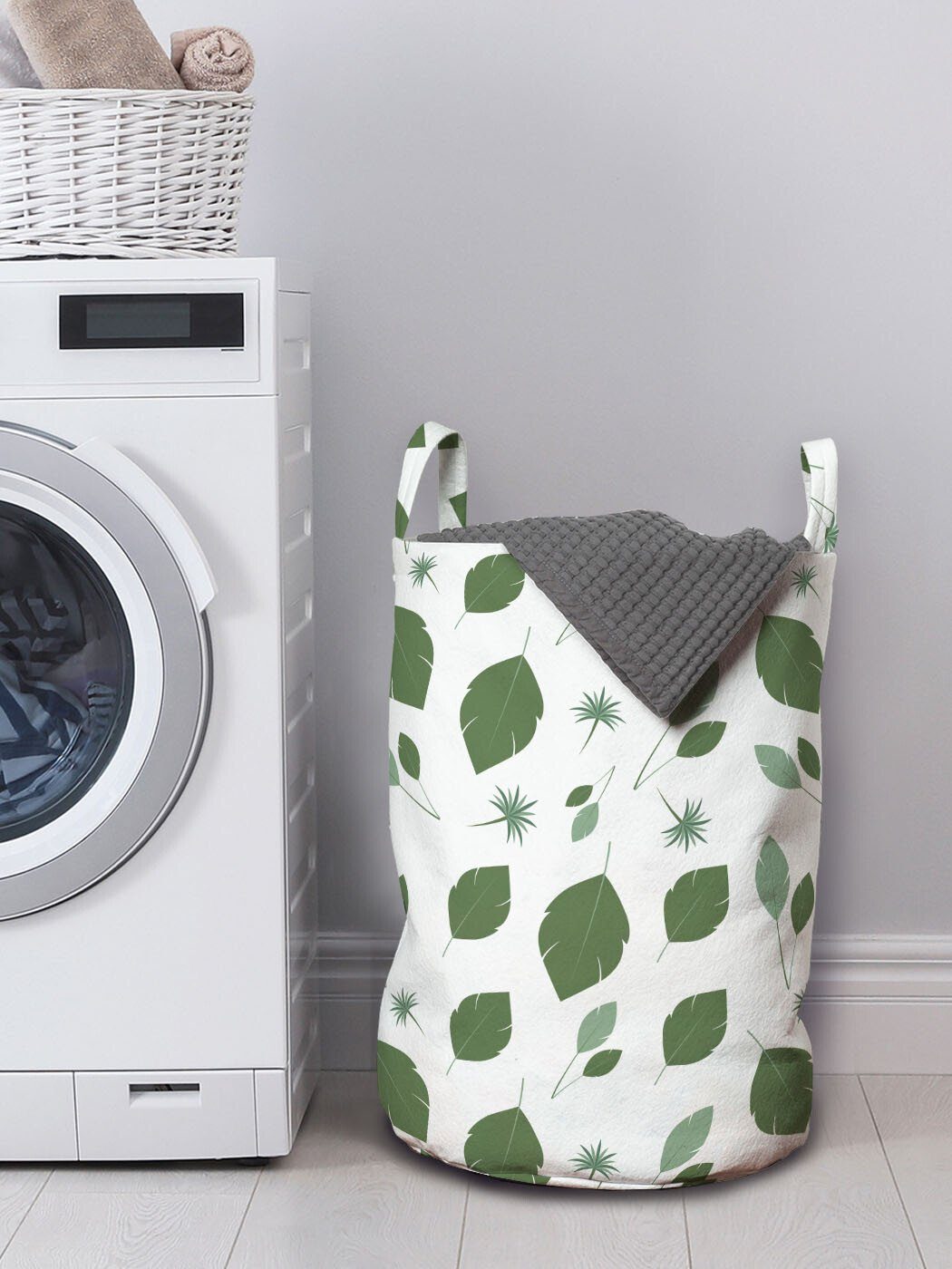 Wäschekorb mit Natur Blatt Blätter für Waschsalons, Kordelzugverschluss Griffen Abakuhaus Wäschesäckchen Flitting