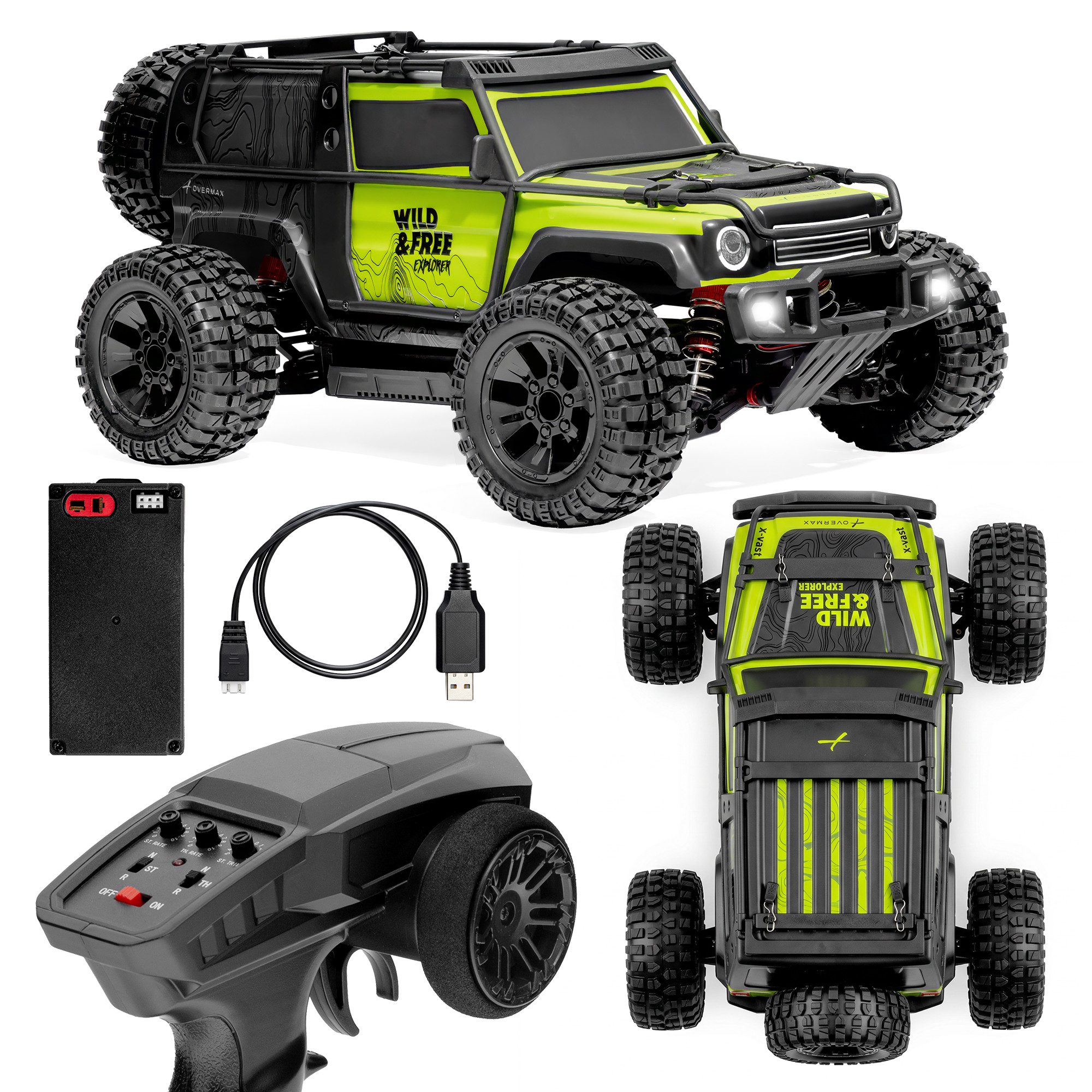 Overmax RC-Auto X-VAST (Set, Komplettes RTR-Set mit 2 Akkus, Controller und Zubehör), 4WD/Öldruckstoßdämpfer/2 Akkus/LED/1:10/30 km/h