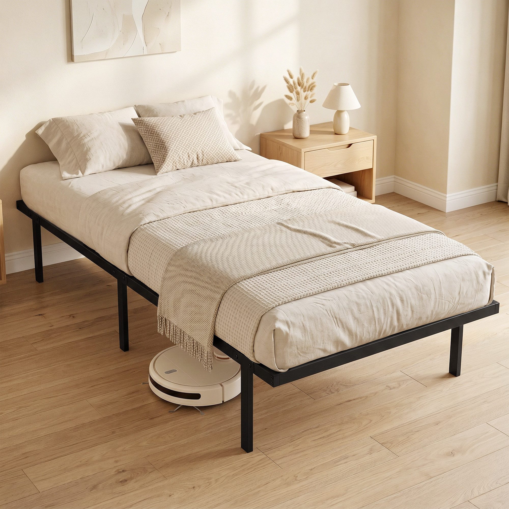 HOMCOM Bettgestell Metallbett mit Lattenrost (Set, 1-tlg., Bettgestell mit Lattenrost), Geräuscharmes, kopfteilloses Metallbett mit Stauraum
