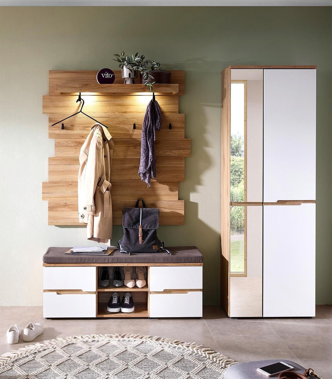 Vito Garderobenpaneel CLYDE, Mauvella Eiche Dekor, 2 Kleiderstangen, 4 Haken, Hutablage, LED-Beleuchtung, B 120 x H 125 x T 32 cm