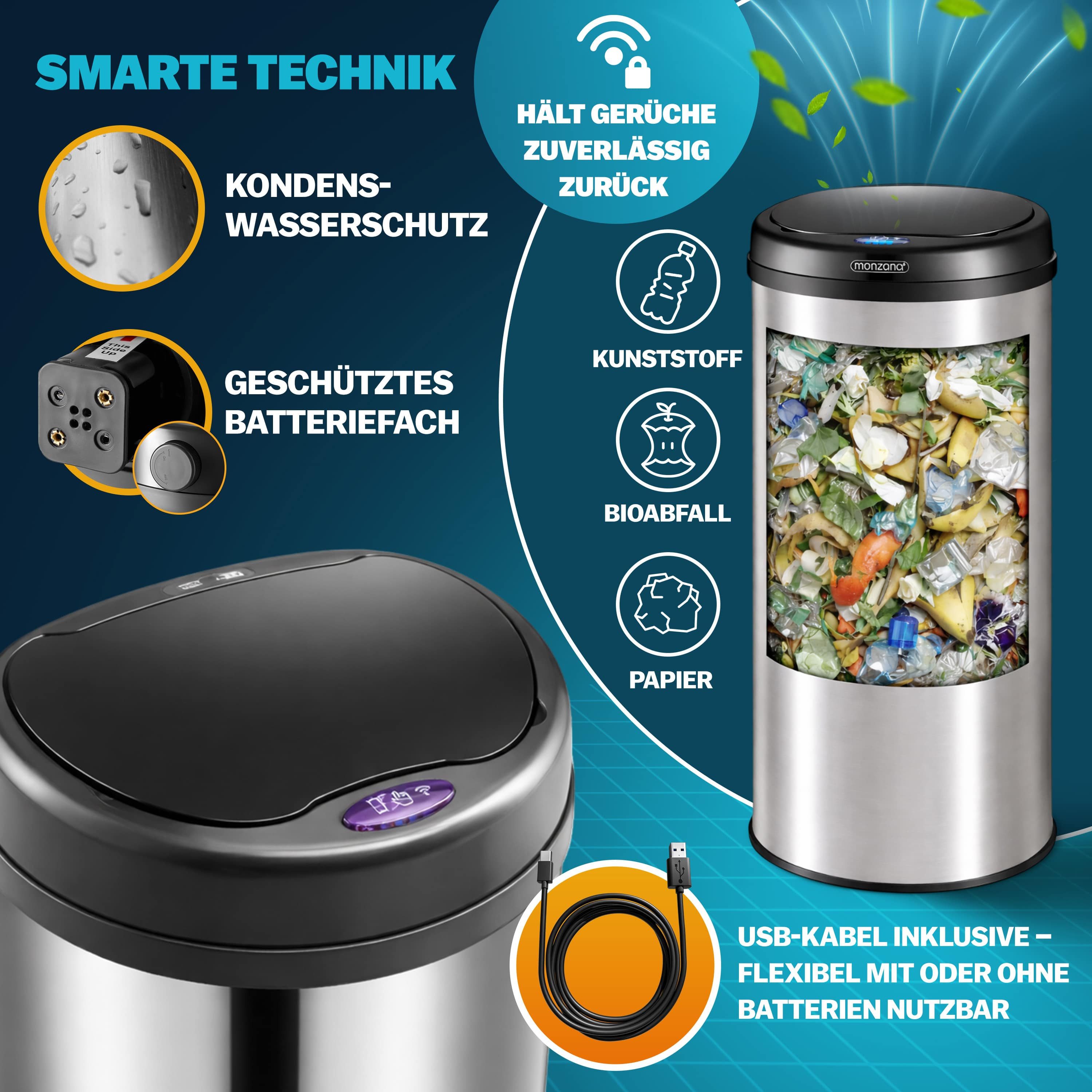 monzana Mülleimer, 30 L Automatik Sensor Mülleimer LED Display Müllbehälter berührungslos
