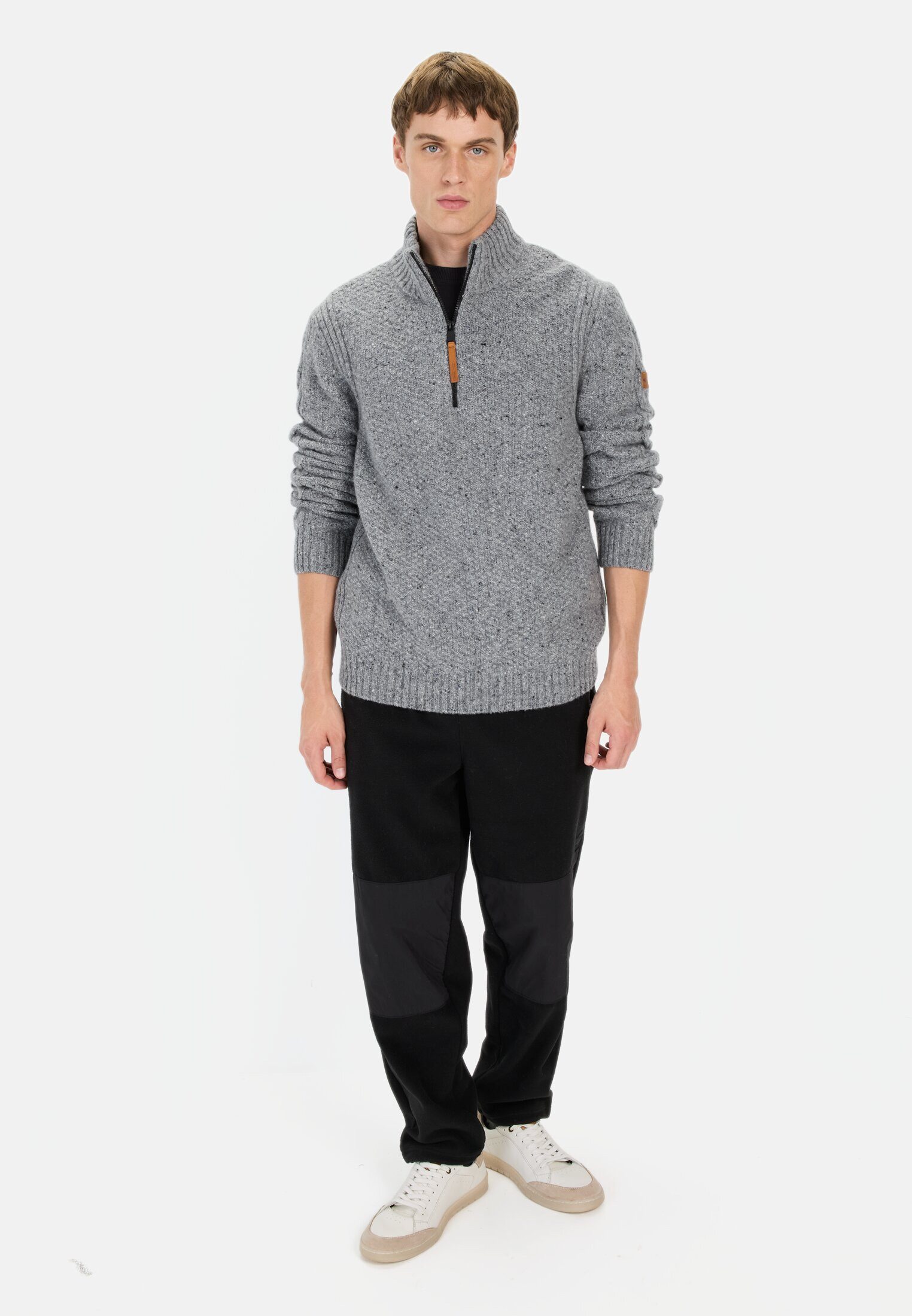 camel active Strickpullover mit Troyer-Kragen Markenlogo