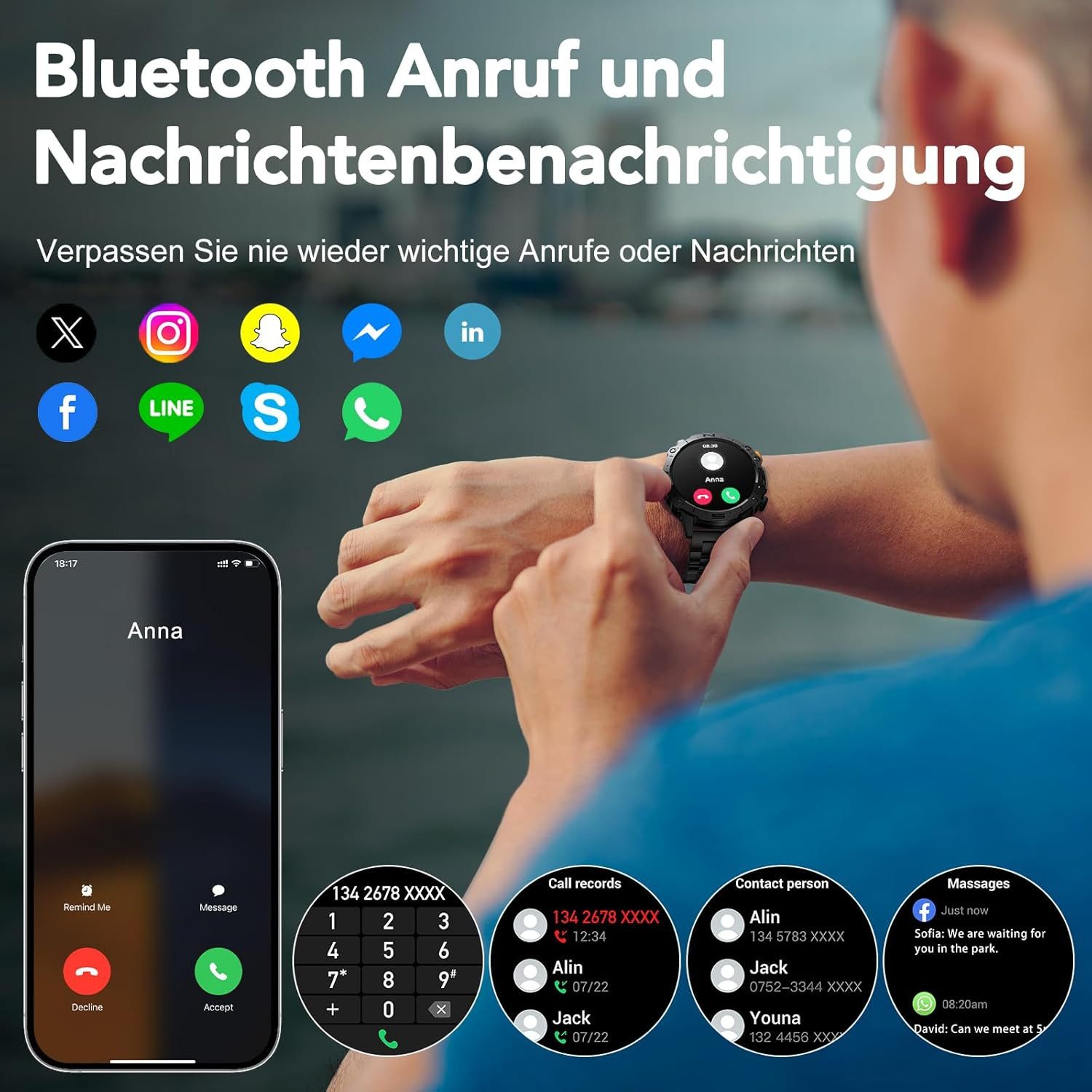 MEGALITH smartwatch men K59 Smartwatch (3,6 cm, android ios), Robuste Herren-Smartwatch mit AMOLED-Display und zwei Armbändern