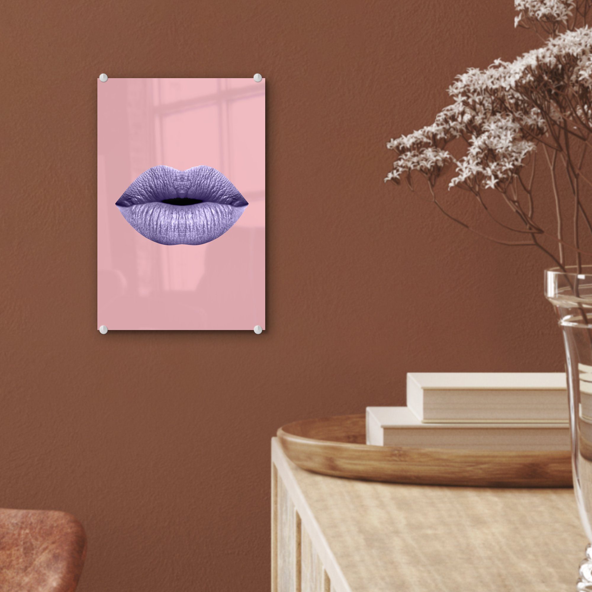 auf Glas Wanddekoration Lippen (1 Wandbild Foto - Pastell - auf St), Acrylglasbild Bilder Glasbilder - Rosa, - MuchoWow Glas -
