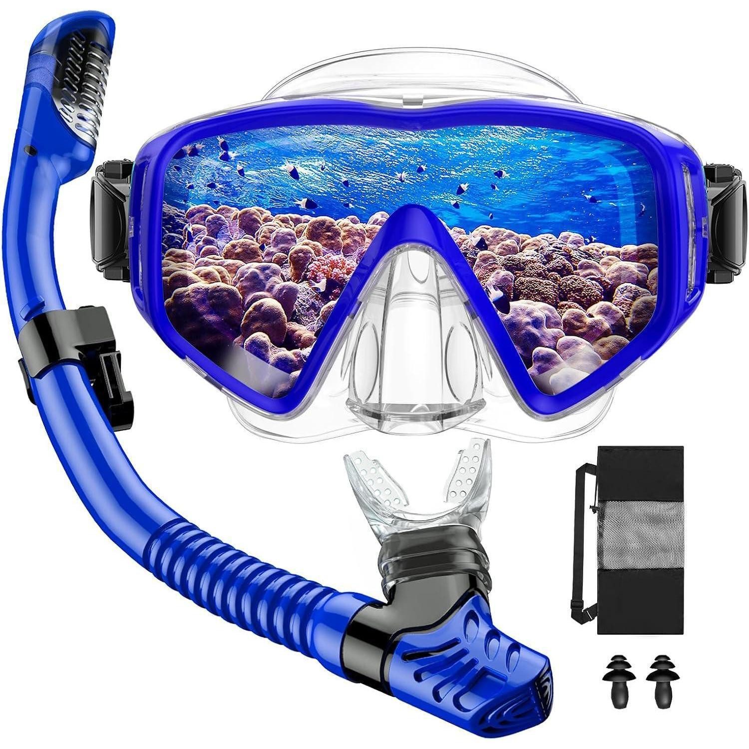Schnorchel Schnorchelset Tauchmaske Dryschnorchel Antifog Herren Transparent Blau