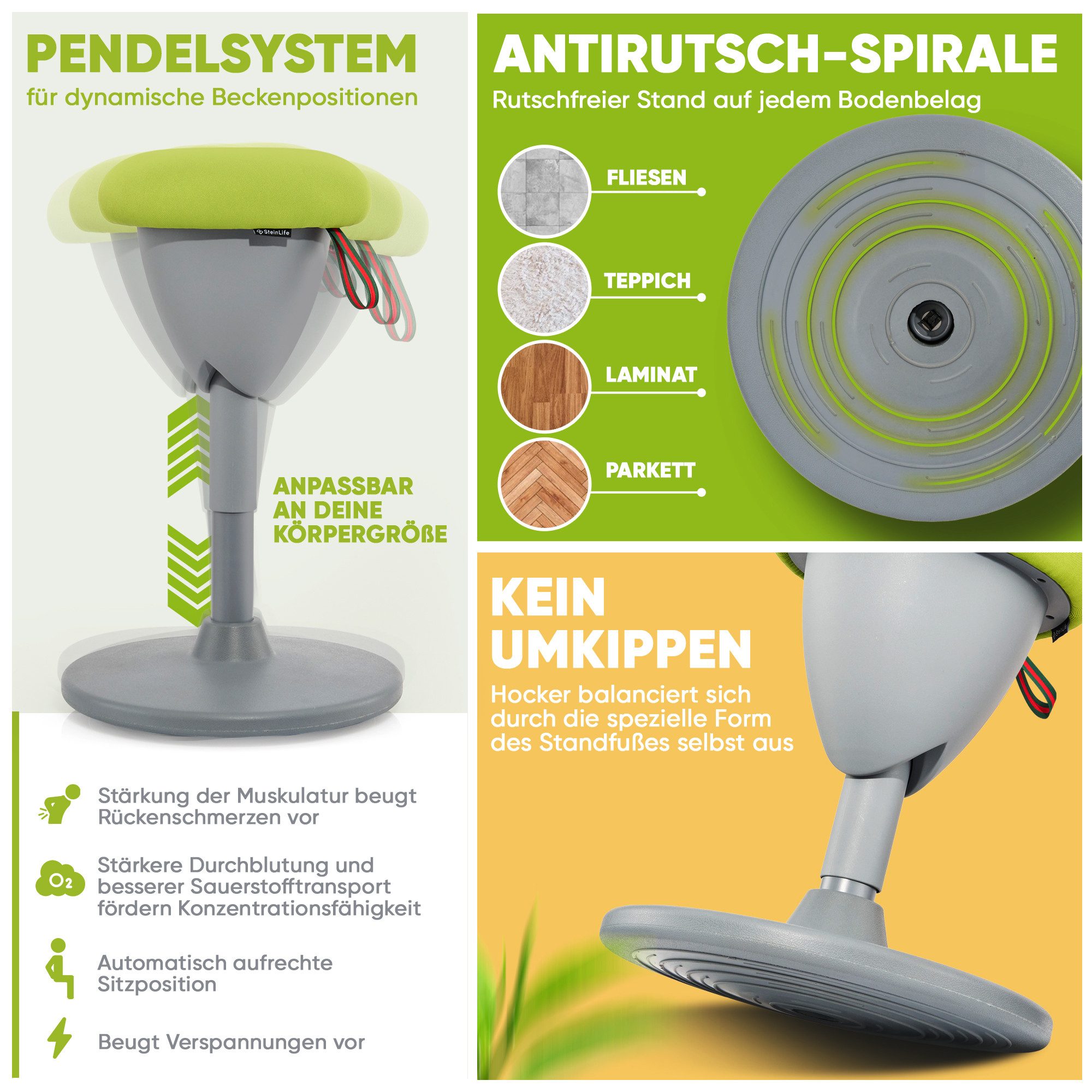 Steinlife Arbeitshocker Ergonomischer Bürohocker [Aktives Sitzen, Gesunde Haltung] (Sitzhocker Höhenverstellbar [48-68cm] Ergonomischer Hocker für Büro [Schwingeffekt] Wackelhocker Stehhocker, Arbeitshocker rutschfest Drehhocker)