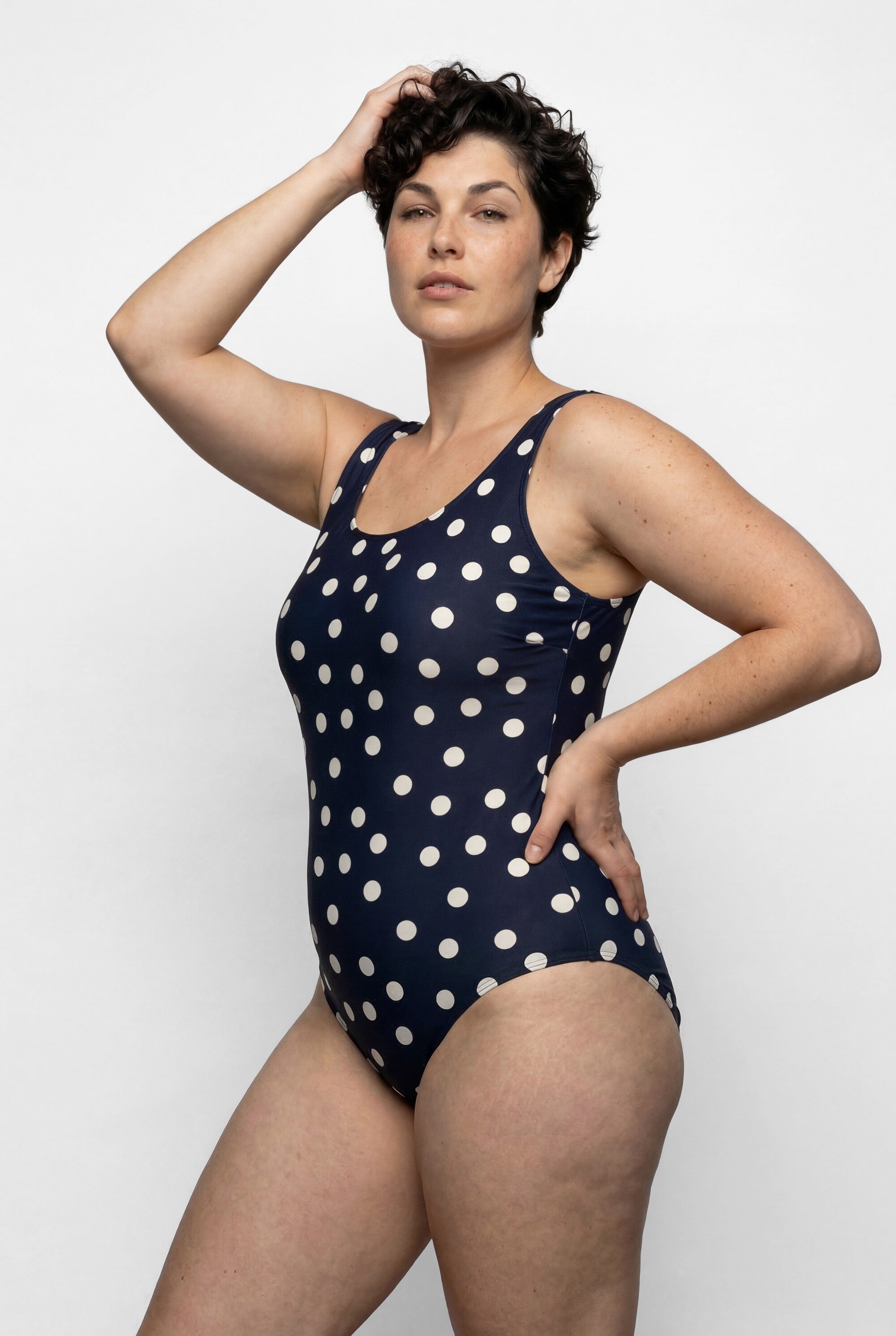 Ulla Popken Badeanzug Badeanzug Punkte ohne Softcups Rundhals